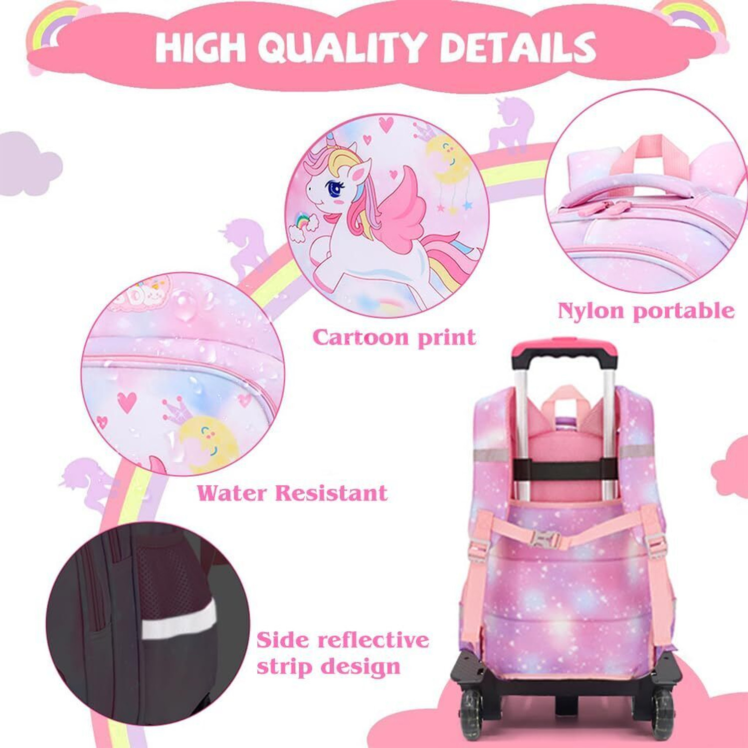 Image of ELEPHANTBOAT 2.5 L Laptop Backpack School Bags for Girls Kids Unicorn Bags for Girls School Bags on Wheel (Pink)