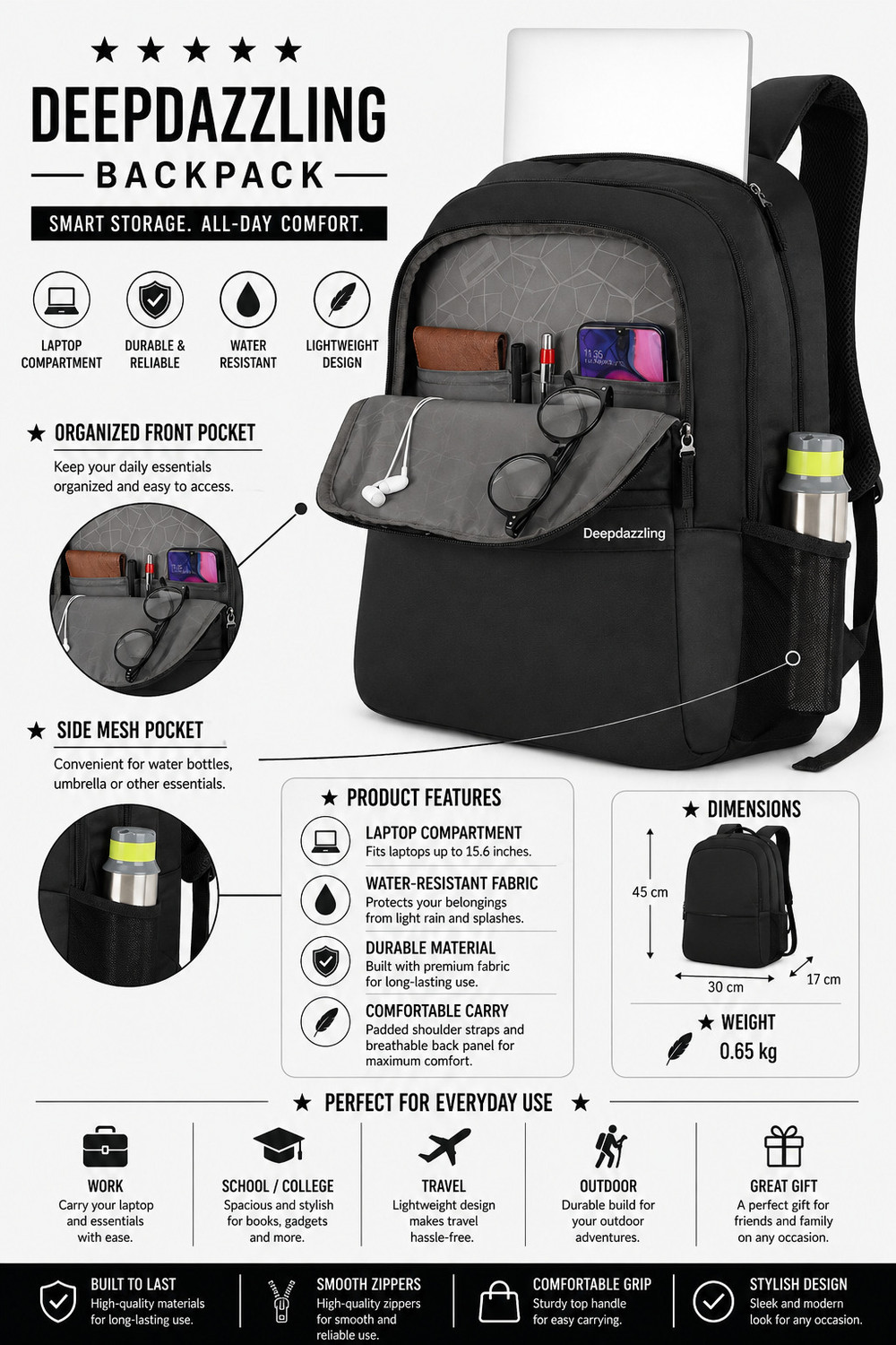 Image of DEEP DAZZLING 27.5 L Laptop Backpack Unisex Spacy School Collage And Office Bag VALEX (Black)