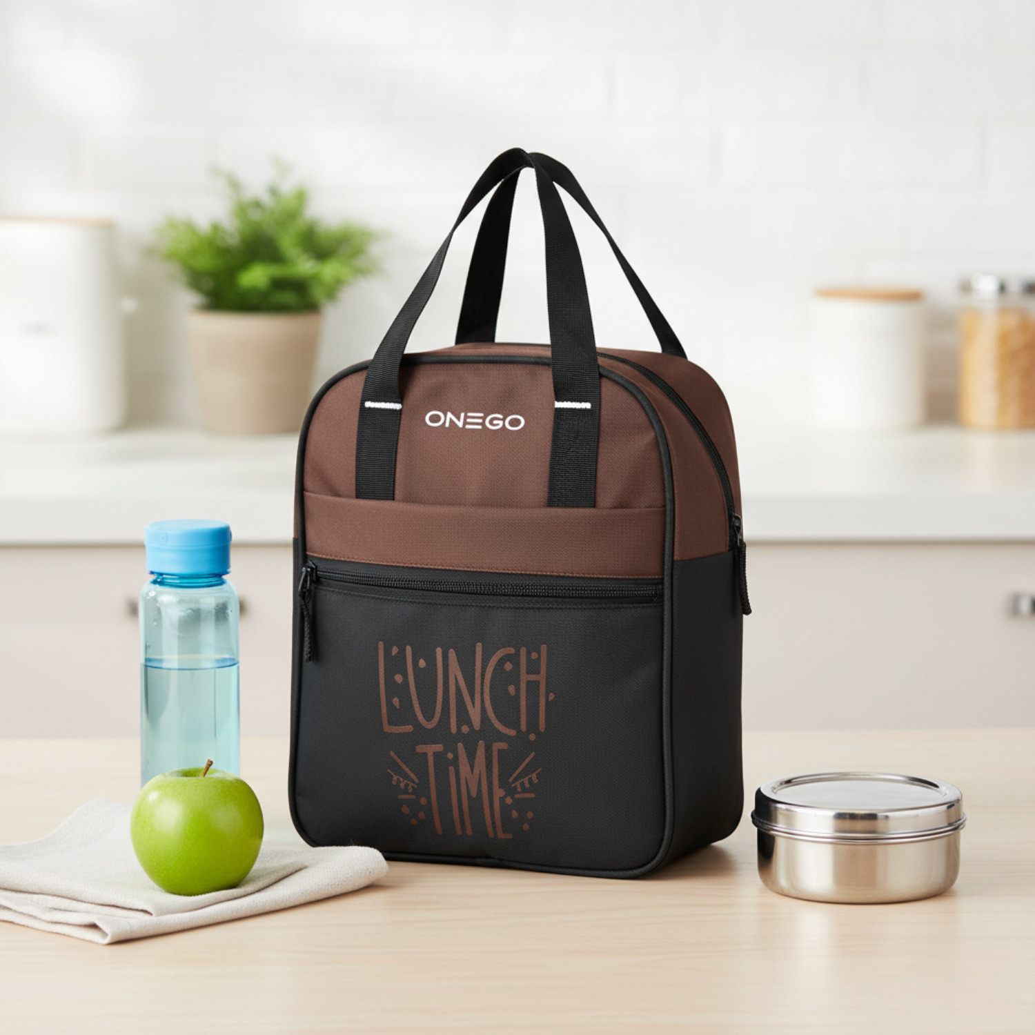 Image of ONEGO Portable Tiffin Bag | Stylish & Insulated for School, College & Outdoor Use Waterproof Lunch Bag (Brown, 10 L)