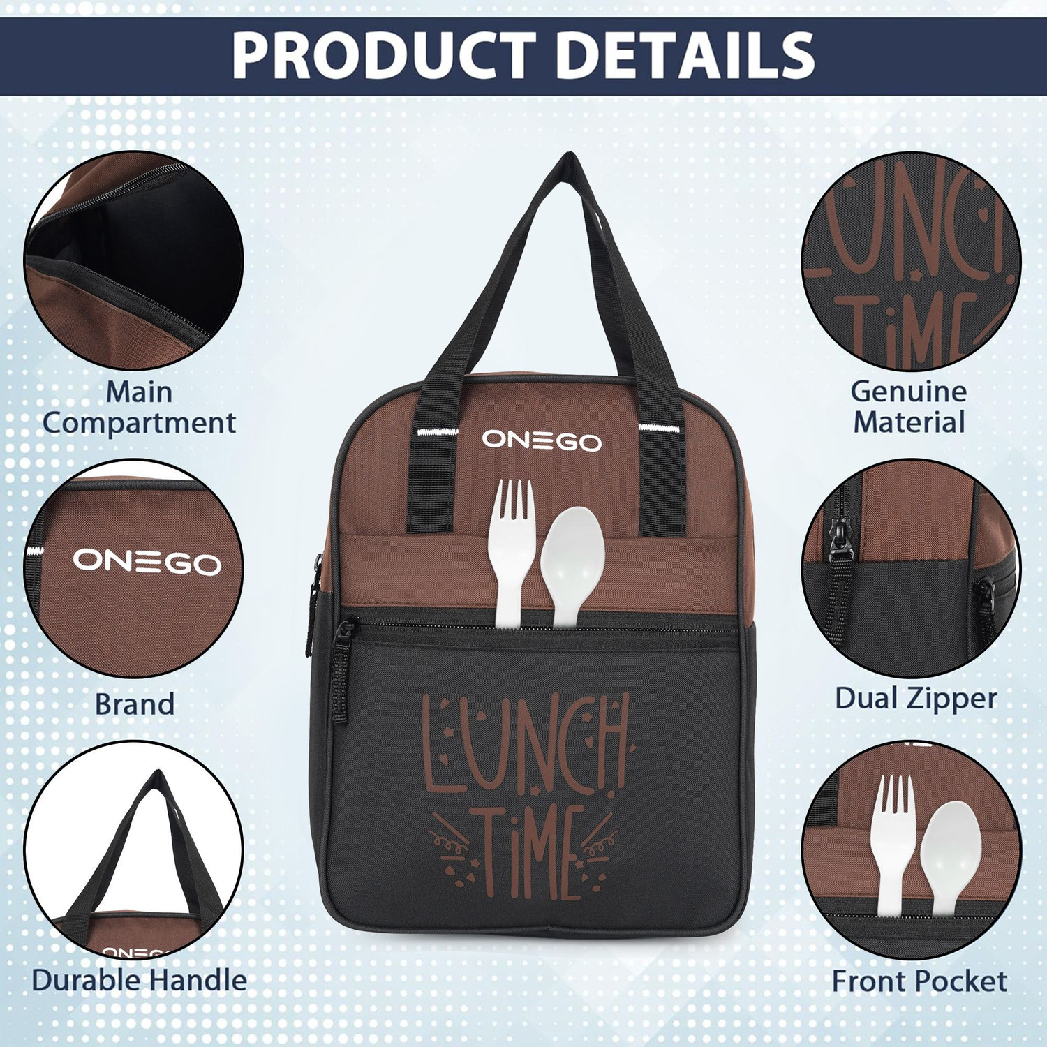 Image of ONEGO Portable Tiffin Bag | Stylish & Insulated for School, College & Outdoor Use Waterproof Lunch Bag (Brown, 10 L)