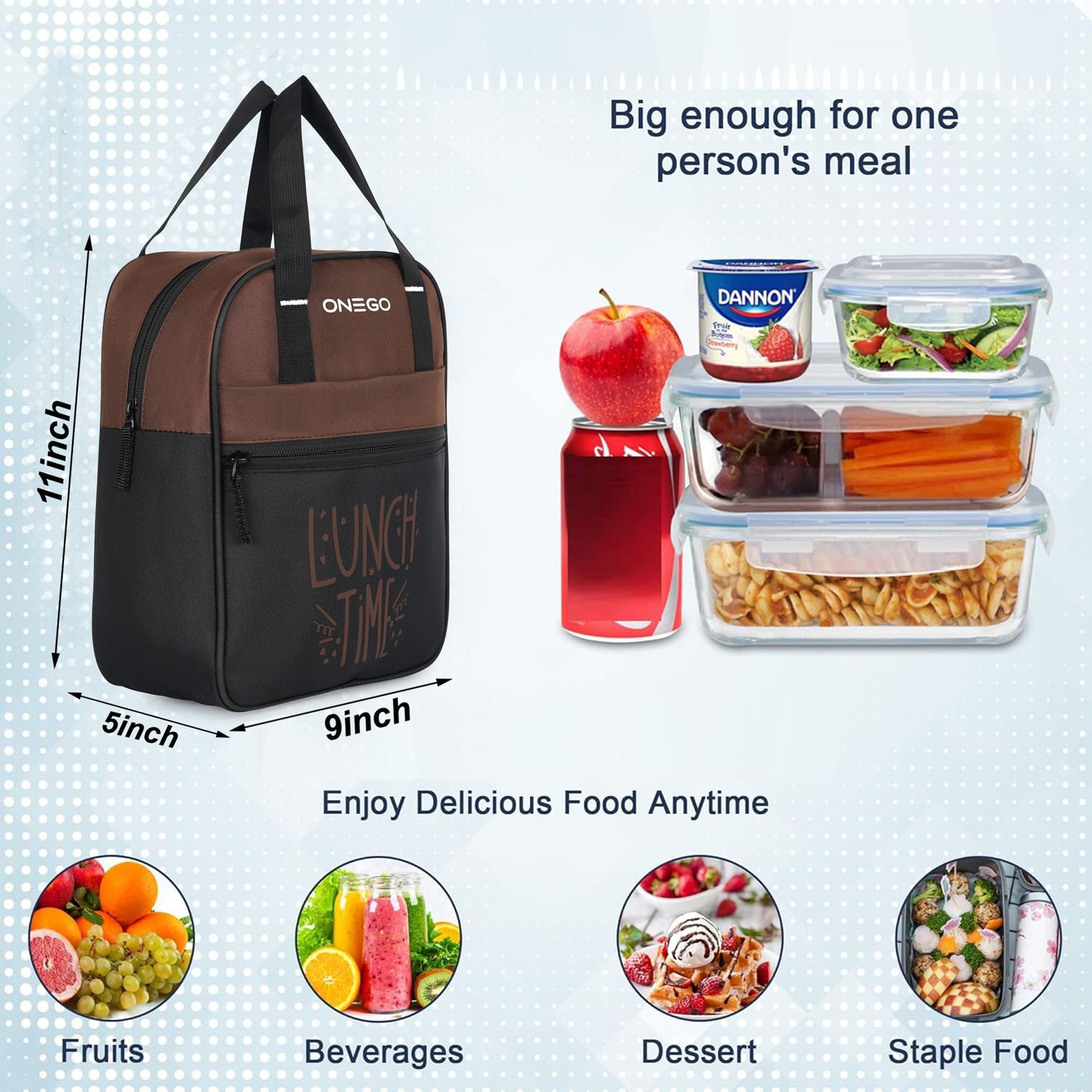 Image of ONEGO Portable Tiffin Bag | Stylish & Insulated for School, College & Outdoor Use Waterproof Lunch Bag (Brown, 10 L)
