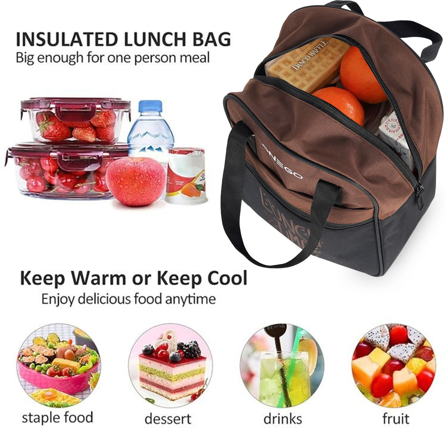 Image of ONEGO Portable Tiffin Bag | Stylish & Insulated for School, College & Outdoor Use Waterproof Lunch Bag (Brown, 10 L)