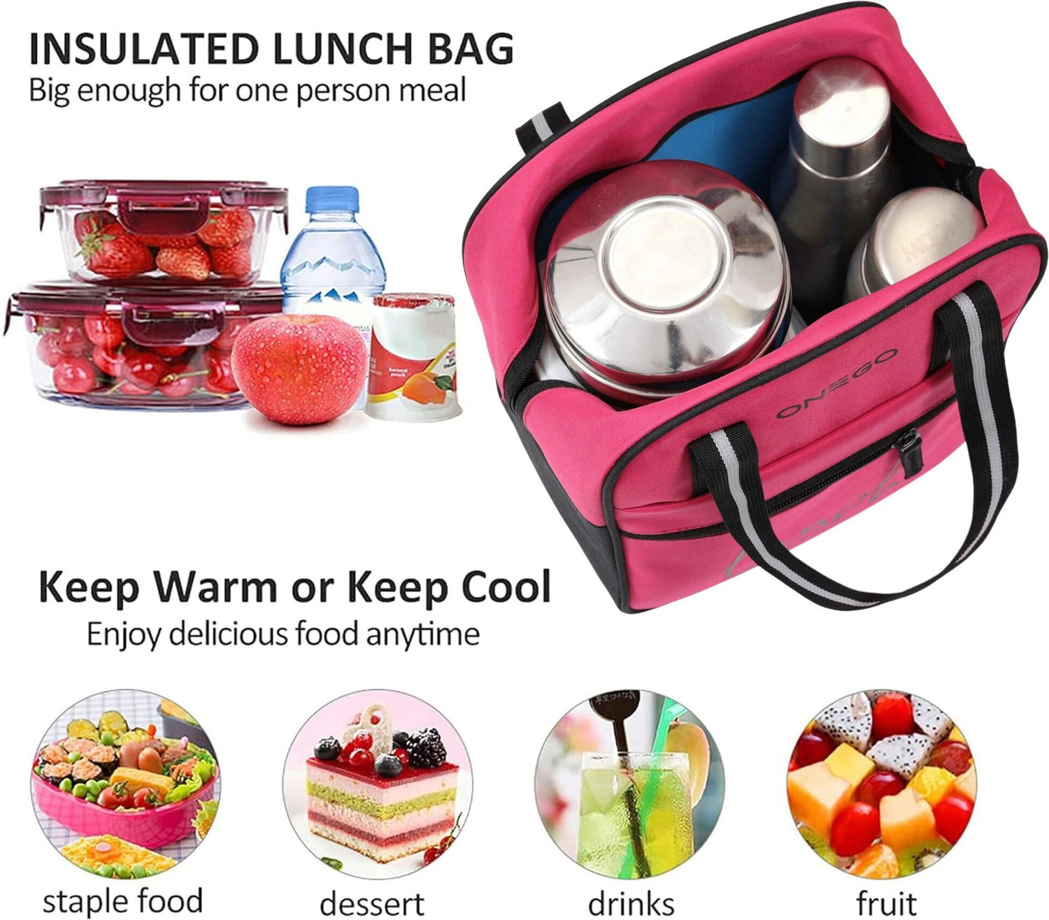 Image of ONEGO Durable Tiffin Bag - Ideal for School, College, Office & Outdoor Trips Waterproof Lunch Bag (Pink, 10 L)