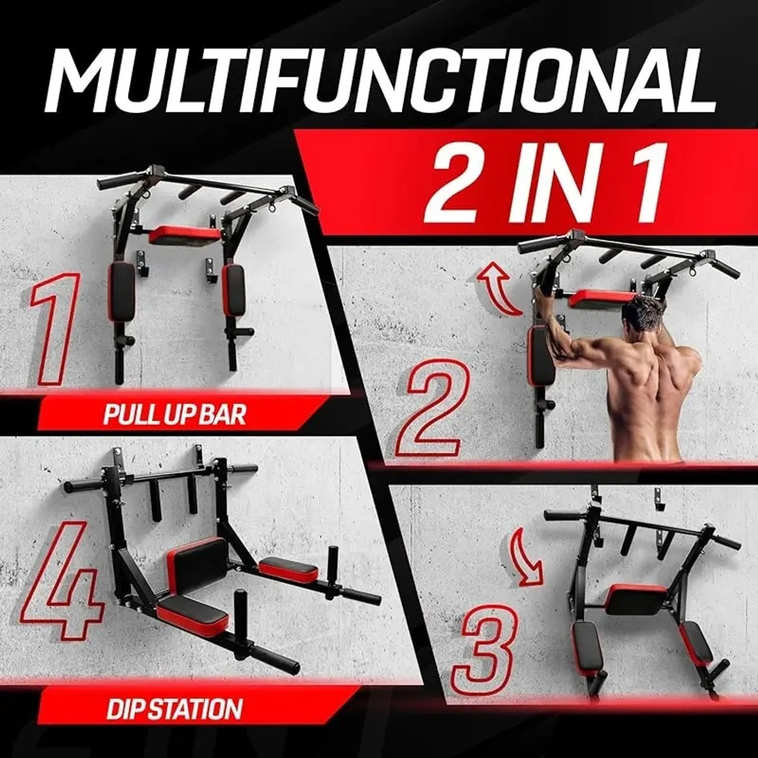 Image of Sporto Fitness S-124 Wall Mounted Pull Up Bar Chin bar Dip Station for Indoor Pull-up Bar (Black)