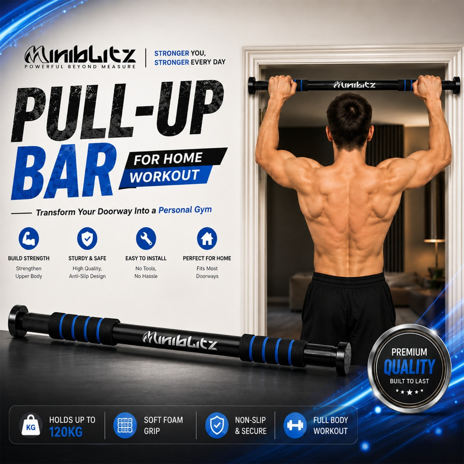 Image of Sporto Fitness S-124 Wall Mounted Pull Up Bar Chin bar Dip Station for Indoor Pull-up Bar (Black)