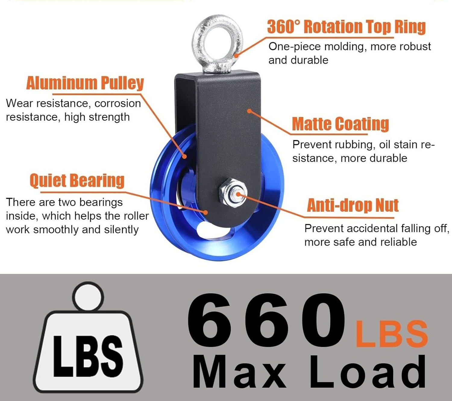 Image of YMD 1 Pack Silent Aluminium Gym Cable Pulley Wheel with Hanging Straps and Carabiner Multi-training Bar (Blue)