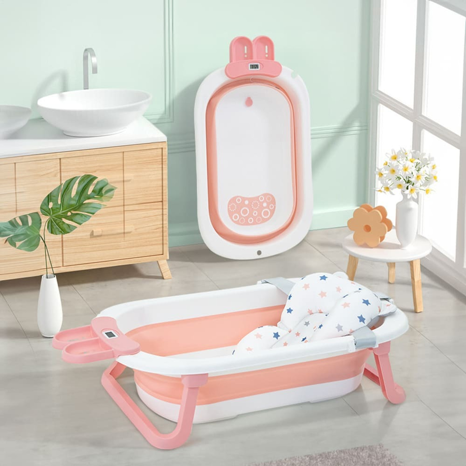 Image of StarAndDaisy Foldable Infant Bath Tub, Newborn Toddler Folding Bathing tub With Cushion (White & Pink)