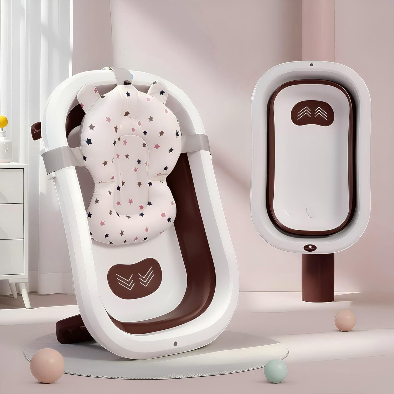 Image of StarAndDaisy Foldable Infant Bath Tub, Newborn Toddler Folding Bathing tub With Cushion (White & Pink)