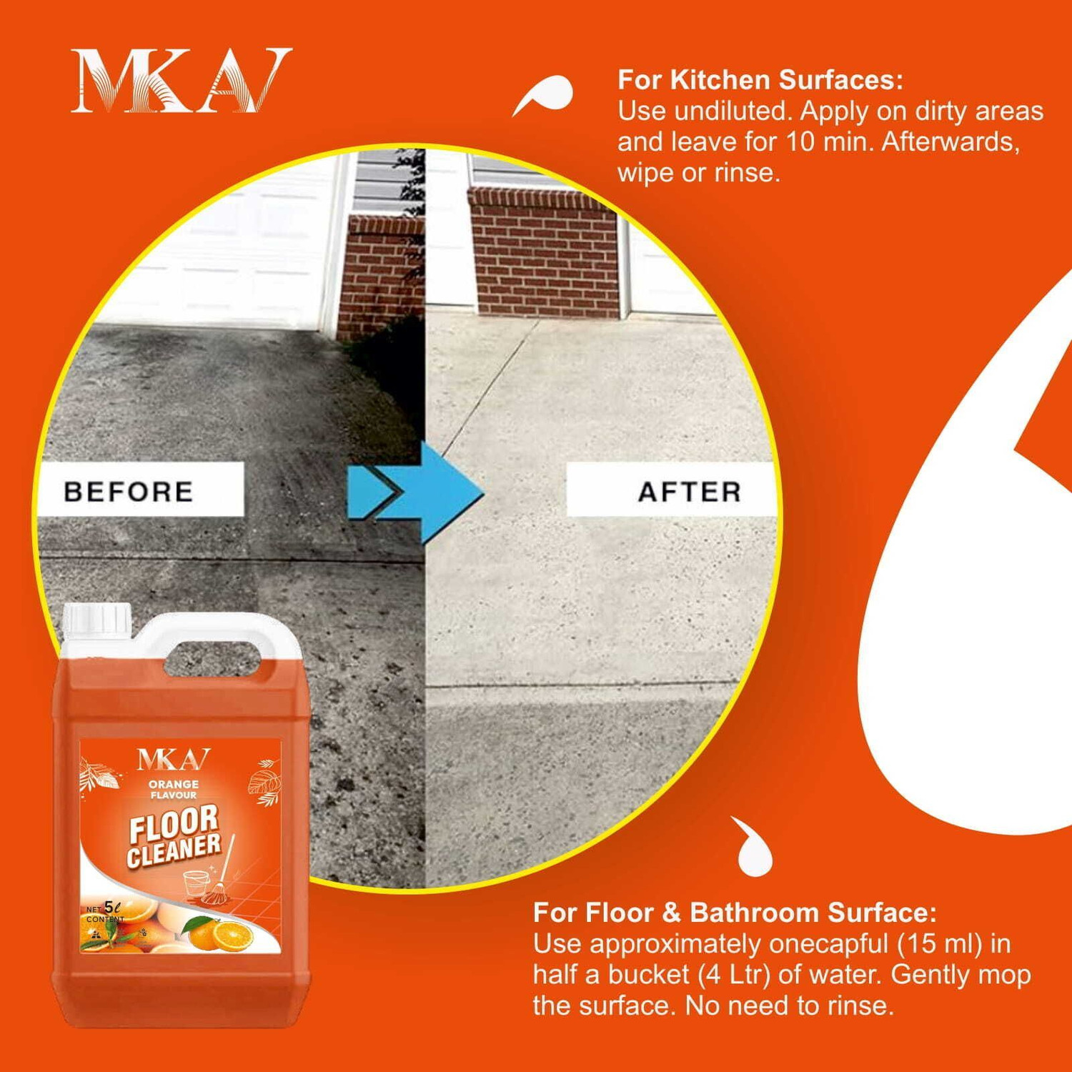 Image of MKAV Orange Floor & Bathroom Cleaner-Kills Germ, Safe on Tiles, Marble & Granite Orange (2 x 5000 ml)