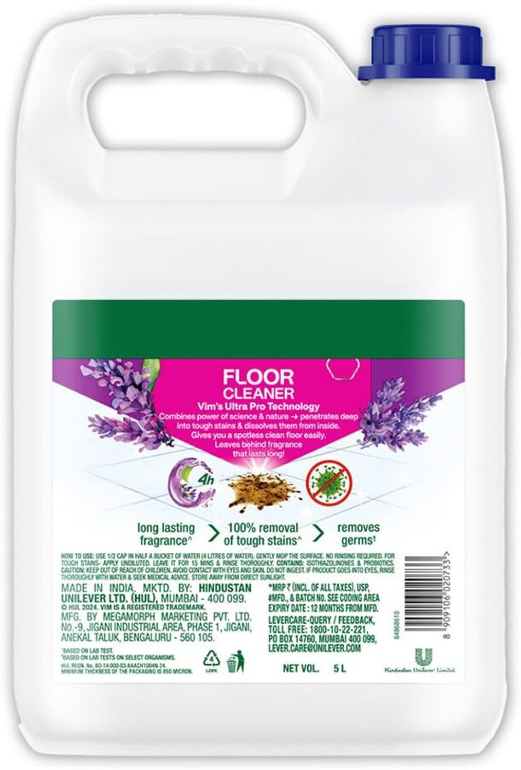 Image of Vim Lavender Floor Cleaner Liquid for Tiles Marble Granite Kills 99.9% Germs Lavendar (5 L)