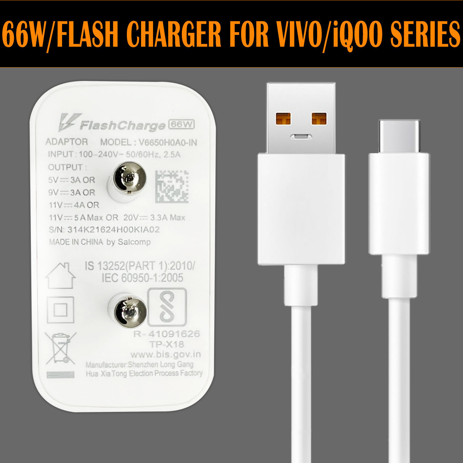 Image of vivo 66 W Quick Charge 6 A Wall Charger for Mobile with Detachable Cable (White, Cable Included)