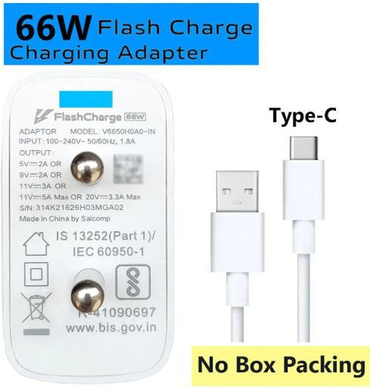 Image of vivo 66 W Quick Charge 6 A Wall Charger for Mobile with Detachable Cable (White, Cable Included)
