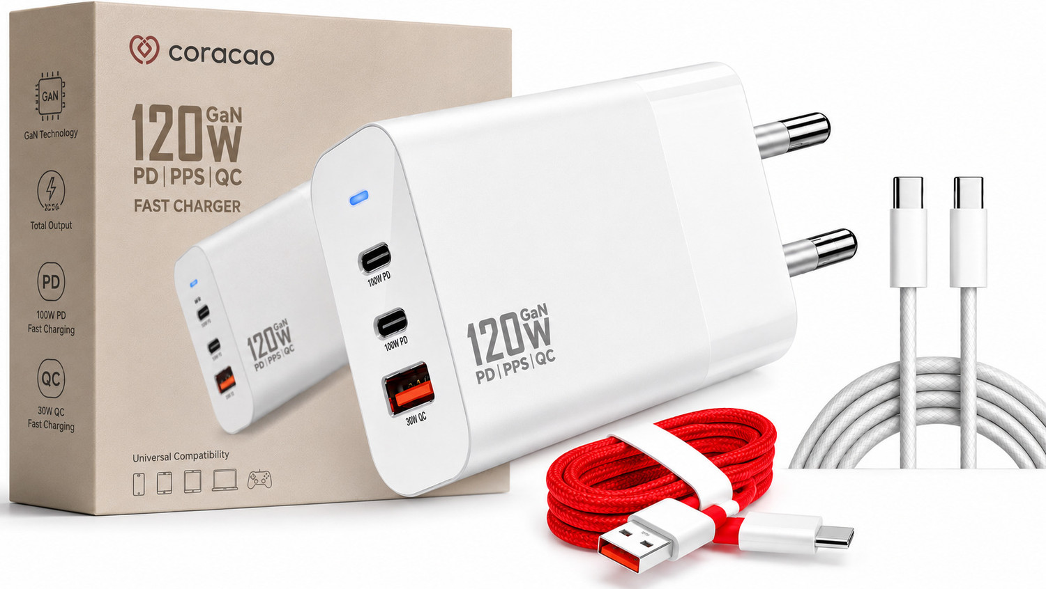 Image of Coracao 100 W GaN 5 A Wall Charger for Mobile with Detachable Cable (White)