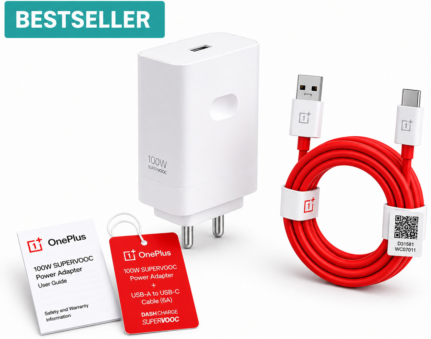 Image of OnePlus 100 W SuperVOOC 10 A Wall Charger for Mobile with Detachable Cable (White, Red)