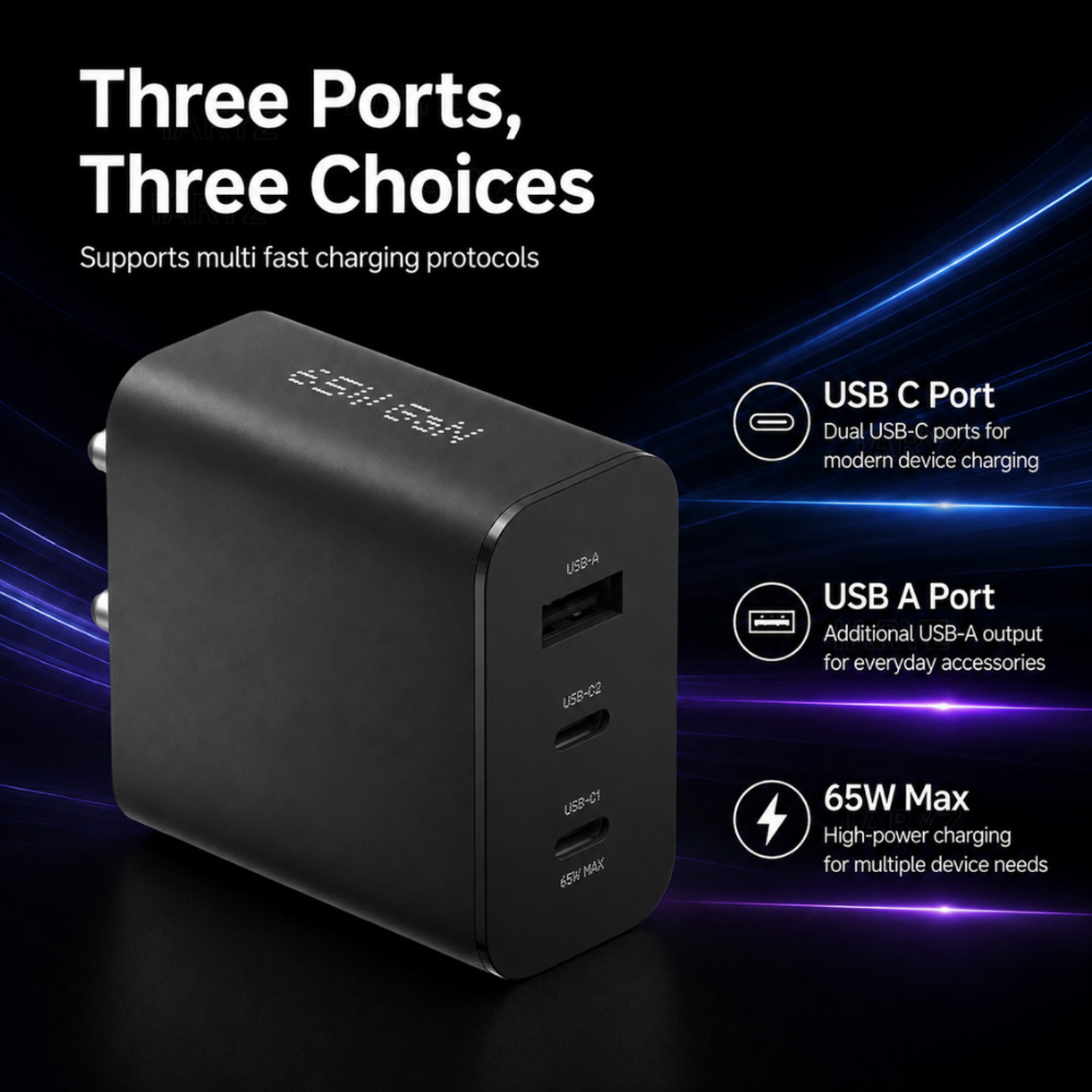 Image of AVEVOUR ORIGINAL 65 W GaN 6.5 A 3 Port Mobile Charger (Black)