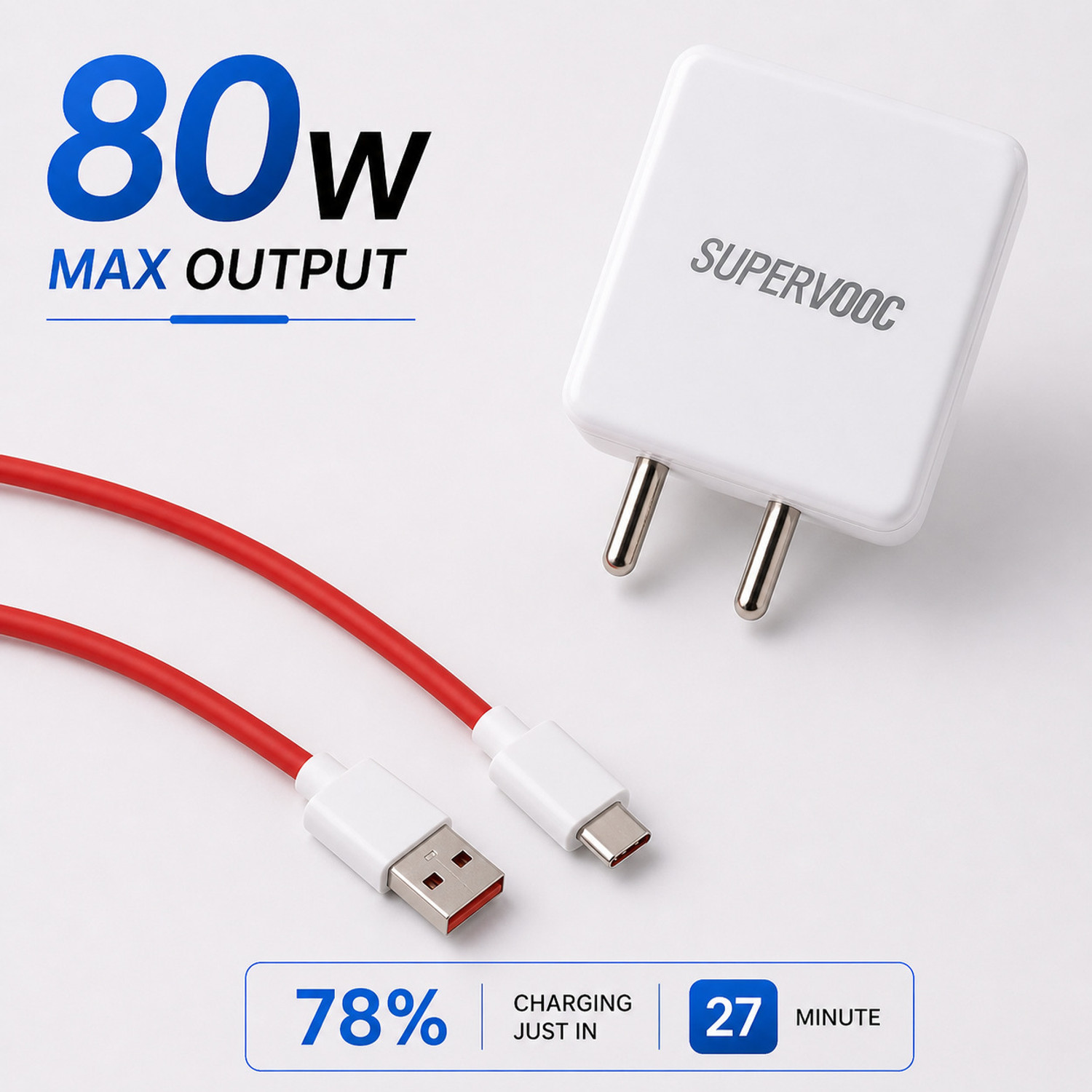 Image of MMAK 80 W SuperVOOC 6 A Wall Charger for Mobile with Detachable Cable (White, Cable Included)