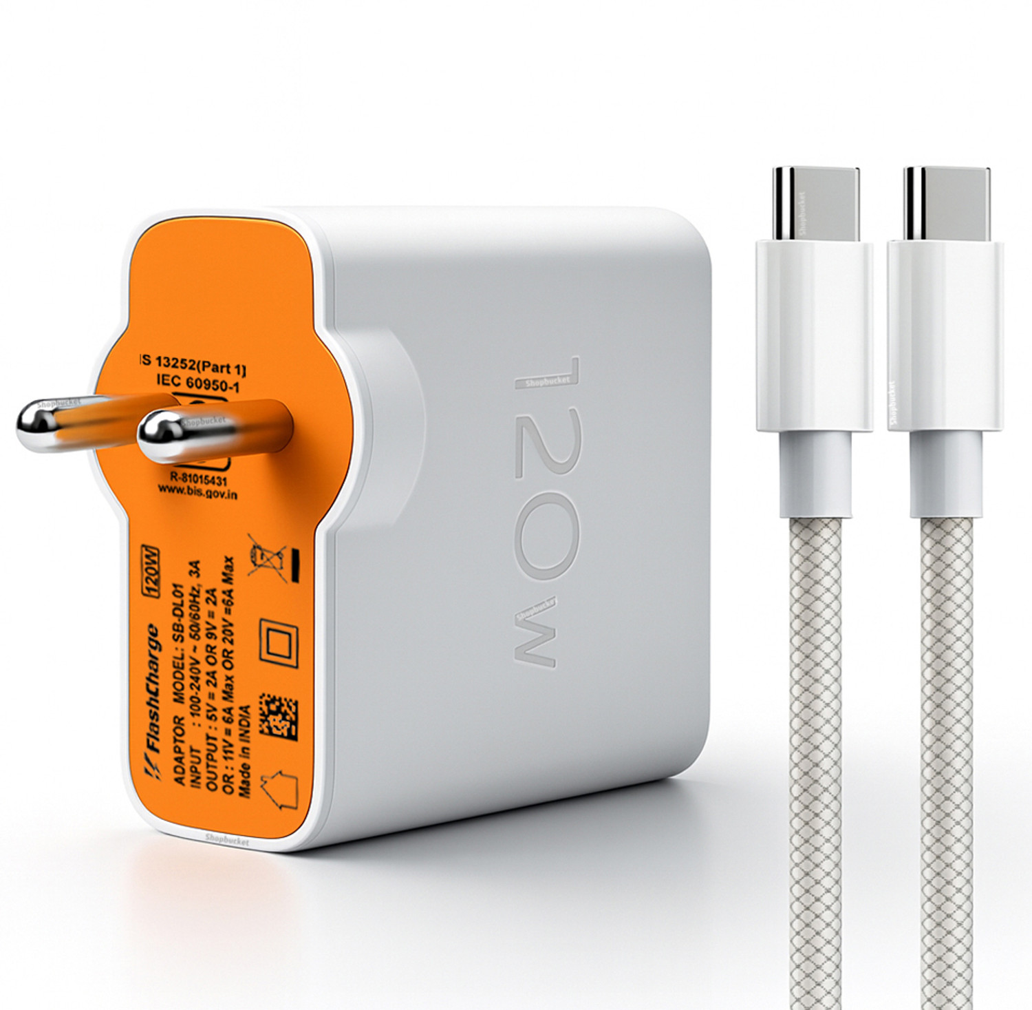Image of shopbucket 120 W Quick Charge 6 A Wall Charger for Mobile with Detachable Cable (White, Cable Included)