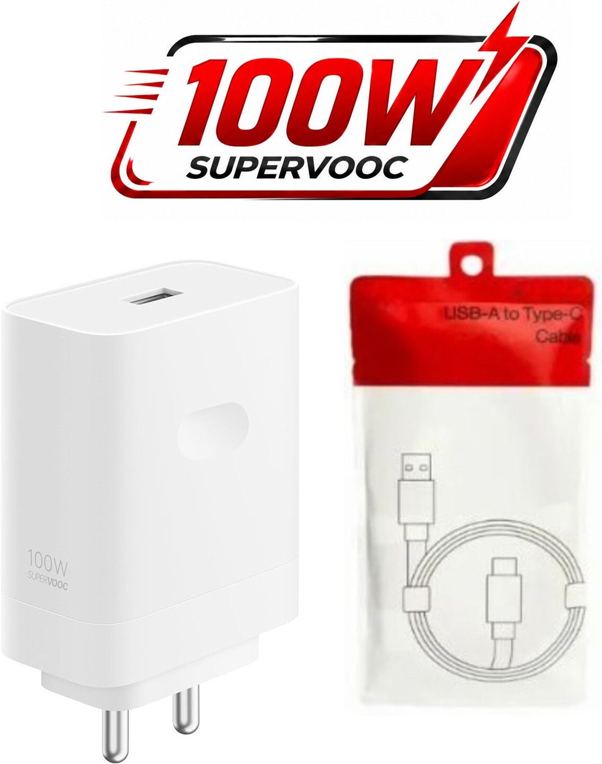 Image of OnePlus 100 W SuperVOOC 10 A Wall Charger for Mobile with Detachable Cable (White, Red)