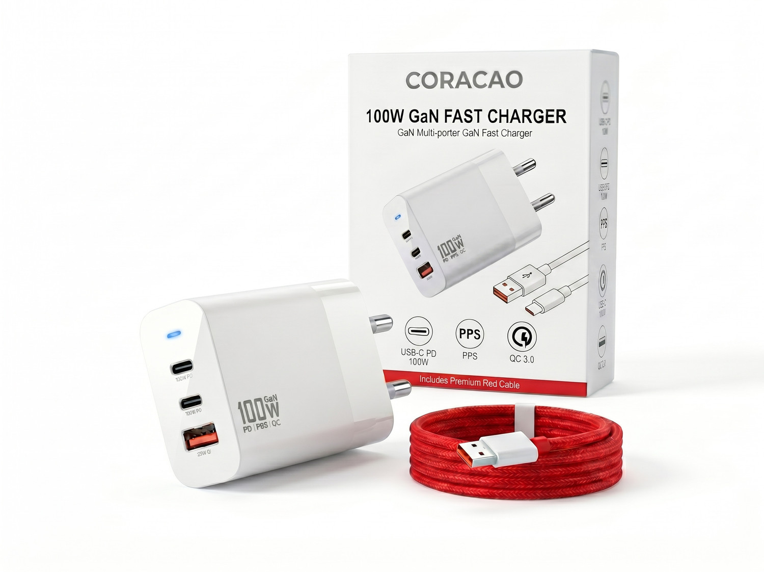 Image of Coracao 100 W GaN 5 A Wall Charger for Mobile with Detachable Cable (White)