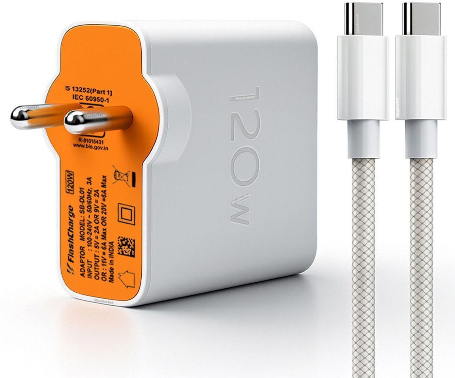 Image of shopbucket 120 W Quick Charge 6 A Wall Charger for Mobile with Detachable Cable (White, Cable Included)