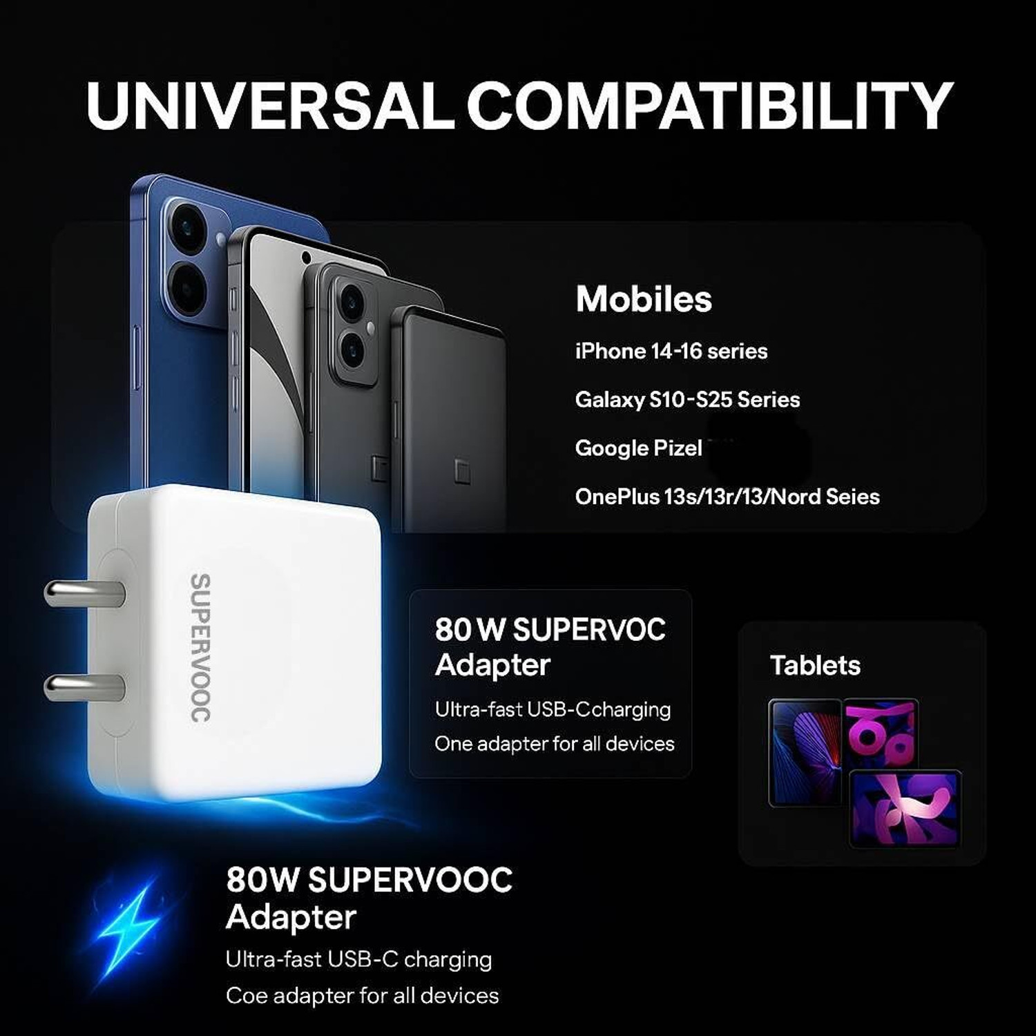 Image of MMAK 80 W SuperVOOC 6 A Wall Charger for Mobile with Detachable Cable (White, Cable Included)