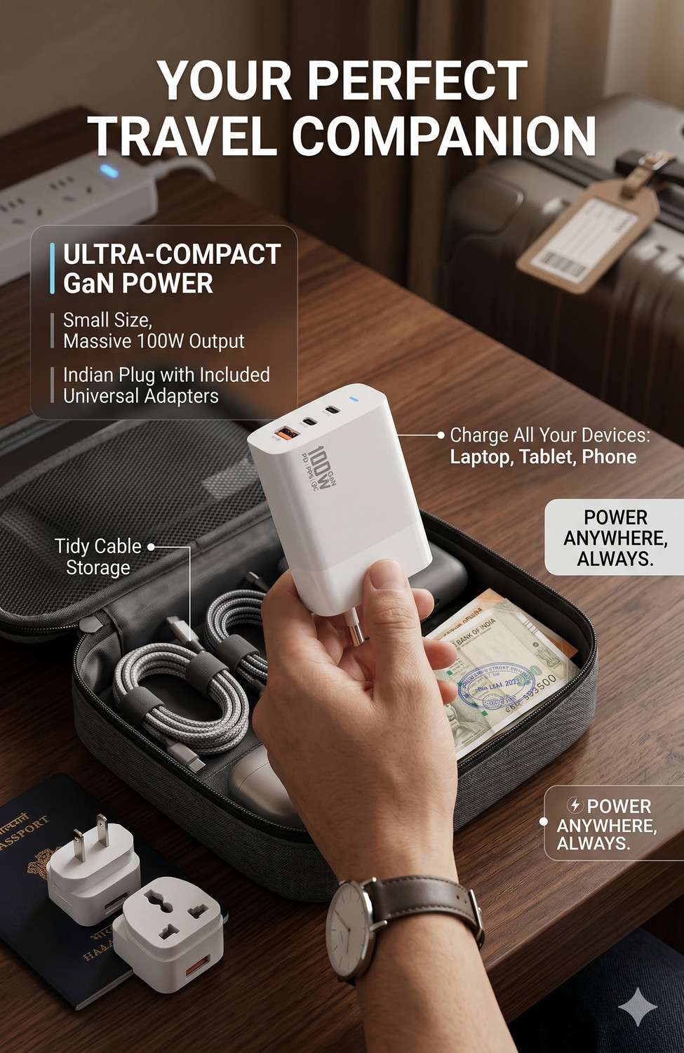 Image of Coracao 100 W GaN 5 A Wall Charger for Mobile with Detachable Cable (White)