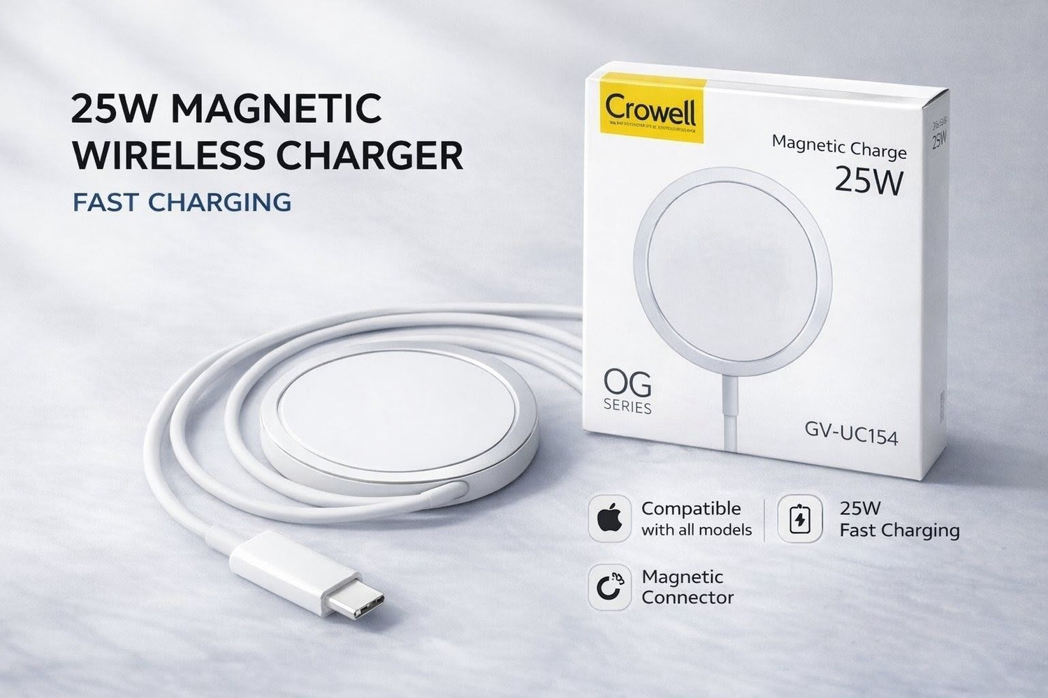 Image of Crovell 96 W Supercharge 1 A Wireless Mobile Charger with Detachable Cable (White)