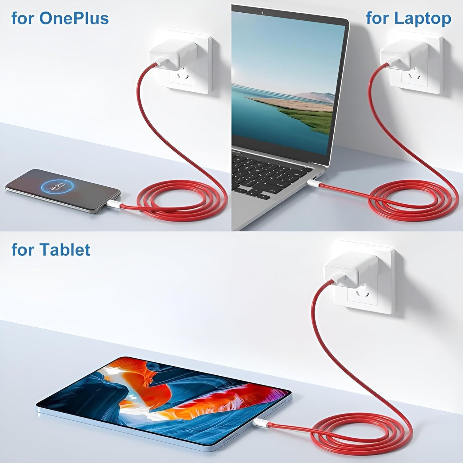 Image of OnePlus 100 W SuperVOOC 10 A Wall Charger for Mobile with Detachable Cable (White, Red)