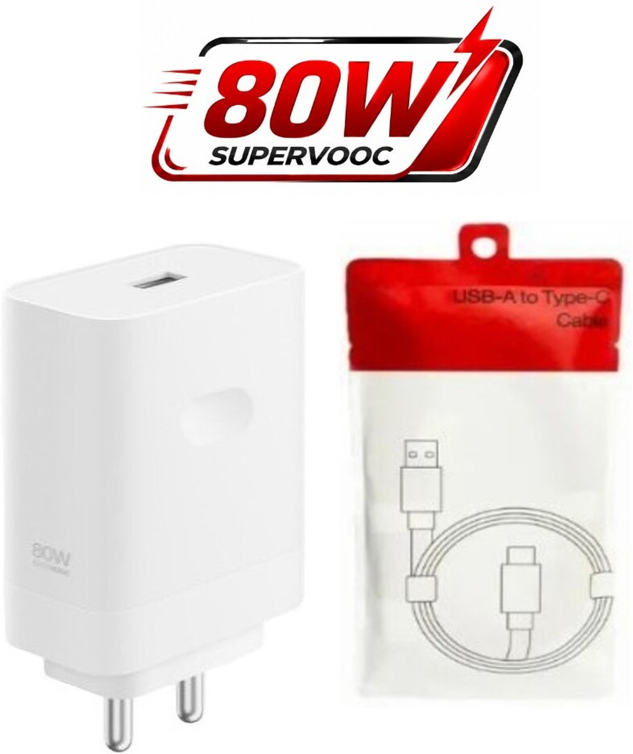 Image of OnePlus 100 W SuperVOOC 10 A Wall Charger for Mobile with Detachable Cable (White, Red)