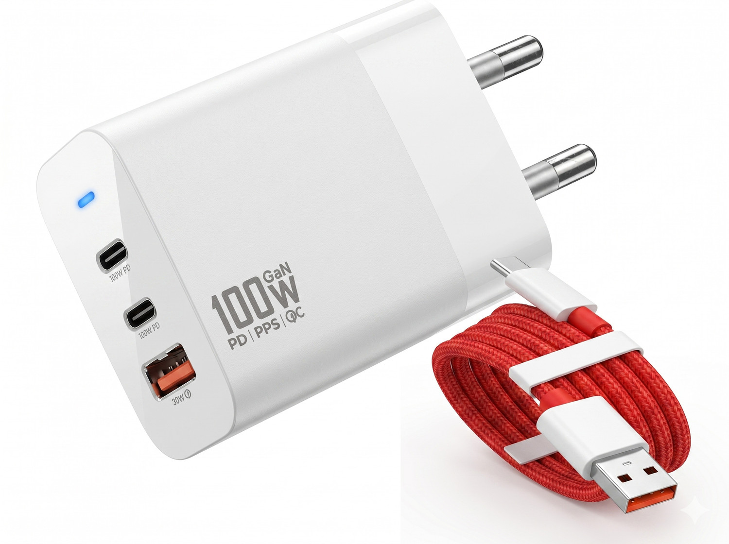 Image of Coracao 100 W GaN 5 A Wall Charger for Mobile with Detachable Cable (White)