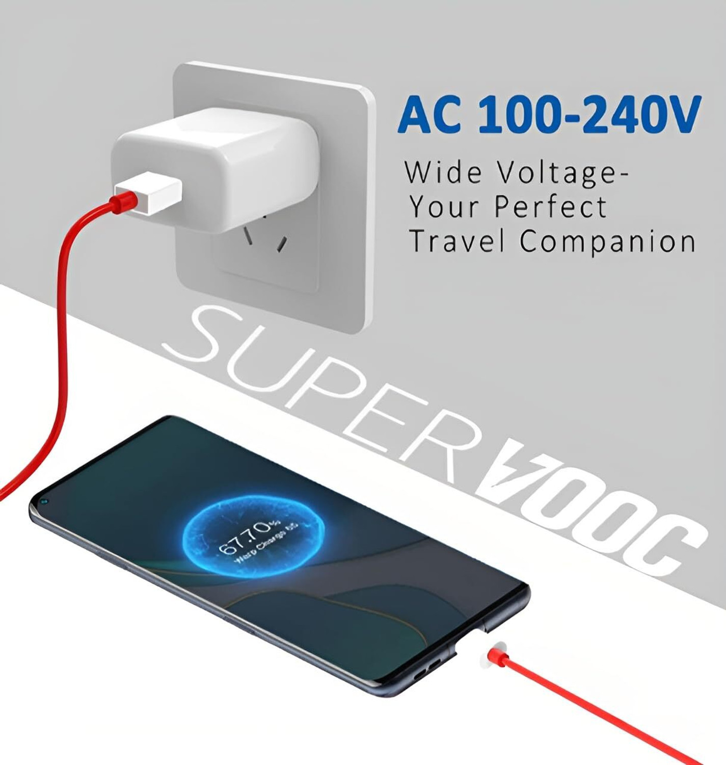 Image of OnePlus 100 W SuperVOOC 10 A Wall Charger for Mobile with Detachable Cable (White, Red)
