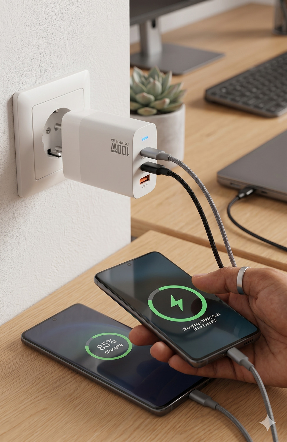 Image of Coracao 100 W GaN 5 A Wall Charger for Mobile with Detachable Cable (White)