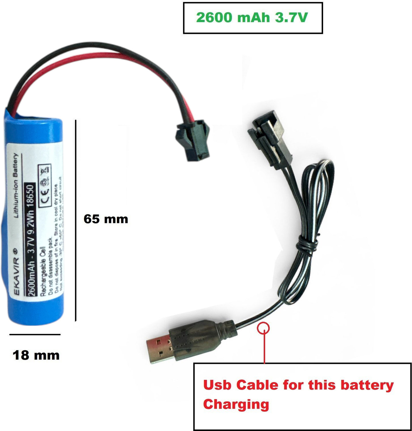Image of Ekavir 2600mAh 3.7V Lithium Cell BMS Protected with SM 2P Plug Wire & Charging Cable Battery