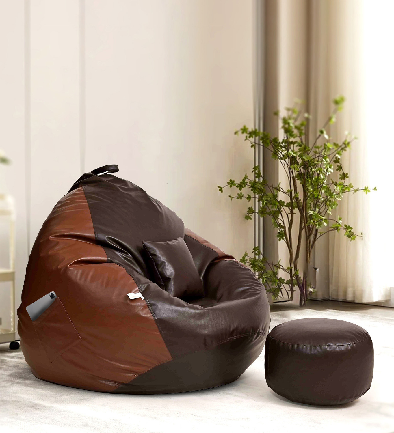Image of Mintwud from Pepperfry 4XL Squivo Leatherette Bean Bag Filled with Beans With Footrest In Tan Colour Bean Bag Sofa With Bean Filling (Tan)
