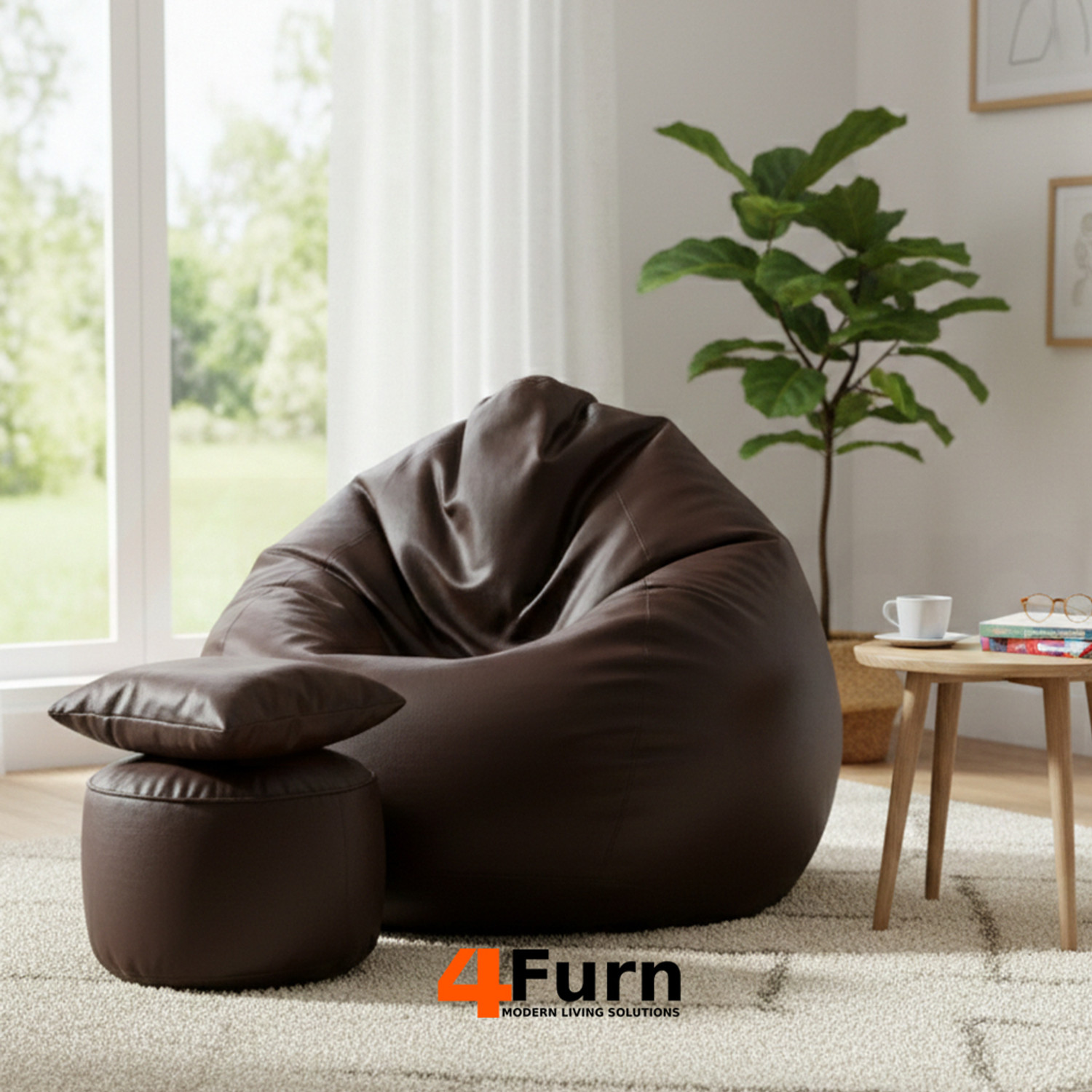 Image of 4FURN XXL Bean Bag with Cushion & Footrest All with Beans Suitable for Kids Teardrop Bean Bag With Bean Filling (Red)