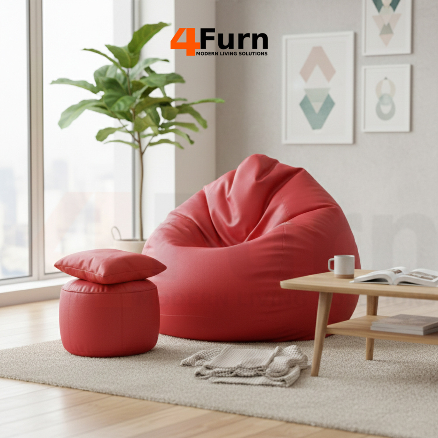 Image of 4FURN XXL Bean Bag with Cushion & Footrest All with Beans Suitable for Kids Teardrop Bean Bag With Bean Filling (Red)