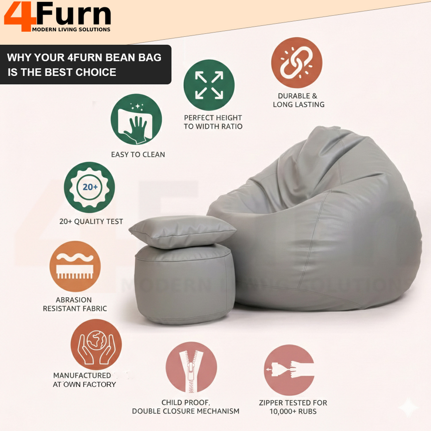 Image of 4FURN XXL Bean Bag with Cushion & Footrest All with Beans Suitable for Kids Teardrop Bean Bag With Bean Filling (Red)