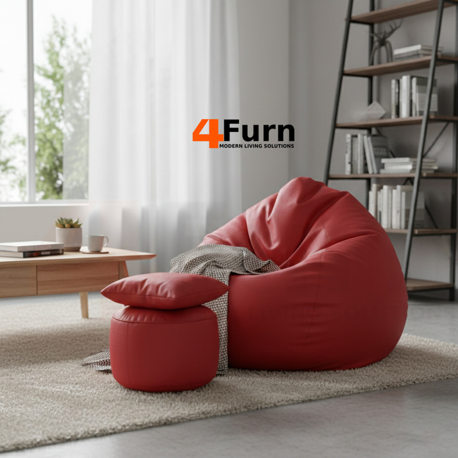 Image of 4FURN XXL Bean Bag with Cushion & Footrest All with Beans Suitable for Kids Teardrop Bean Bag With Bean Filling (Red)