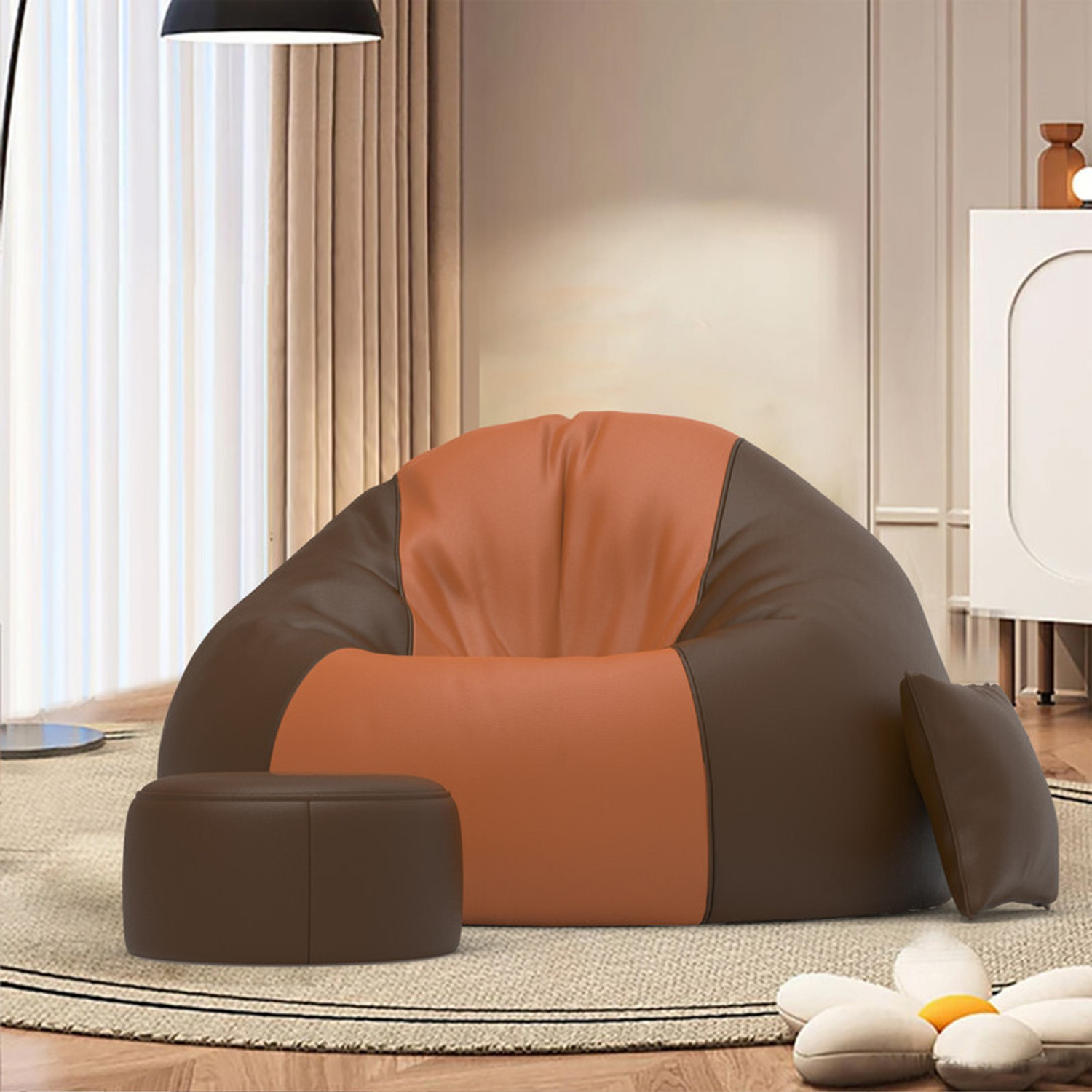 Image of Mintwud from Pepperfry 4XL Squivo Leatherette Bean Bag Filled with Beans With Footrest In Tan Colour Bean Bag Sofa With Bean Filling (Tan)