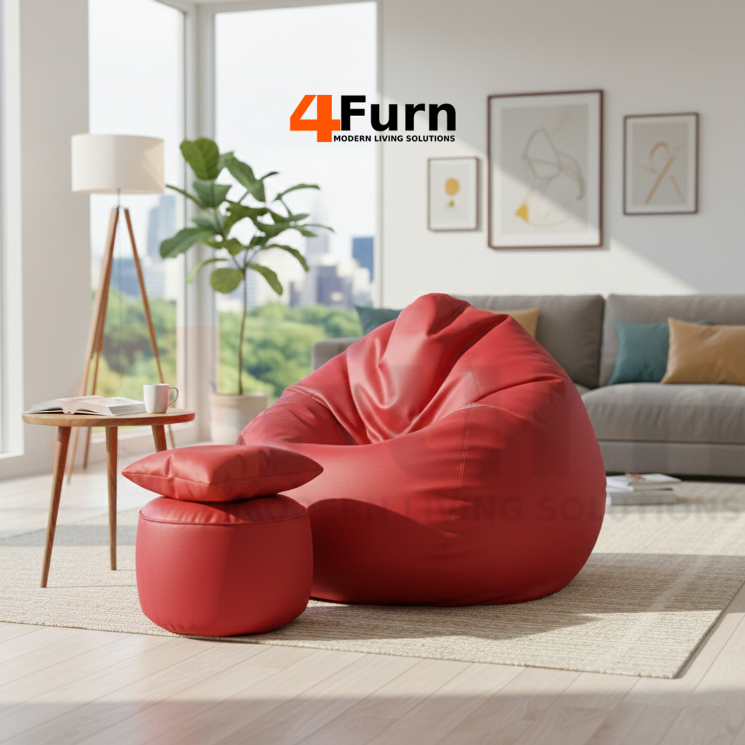 Image of 4FURN XXL Bean Bag with Cushion & Footrest All with Beans Suitable for Kids Teardrop Bean Bag With Bean Filling (Red)