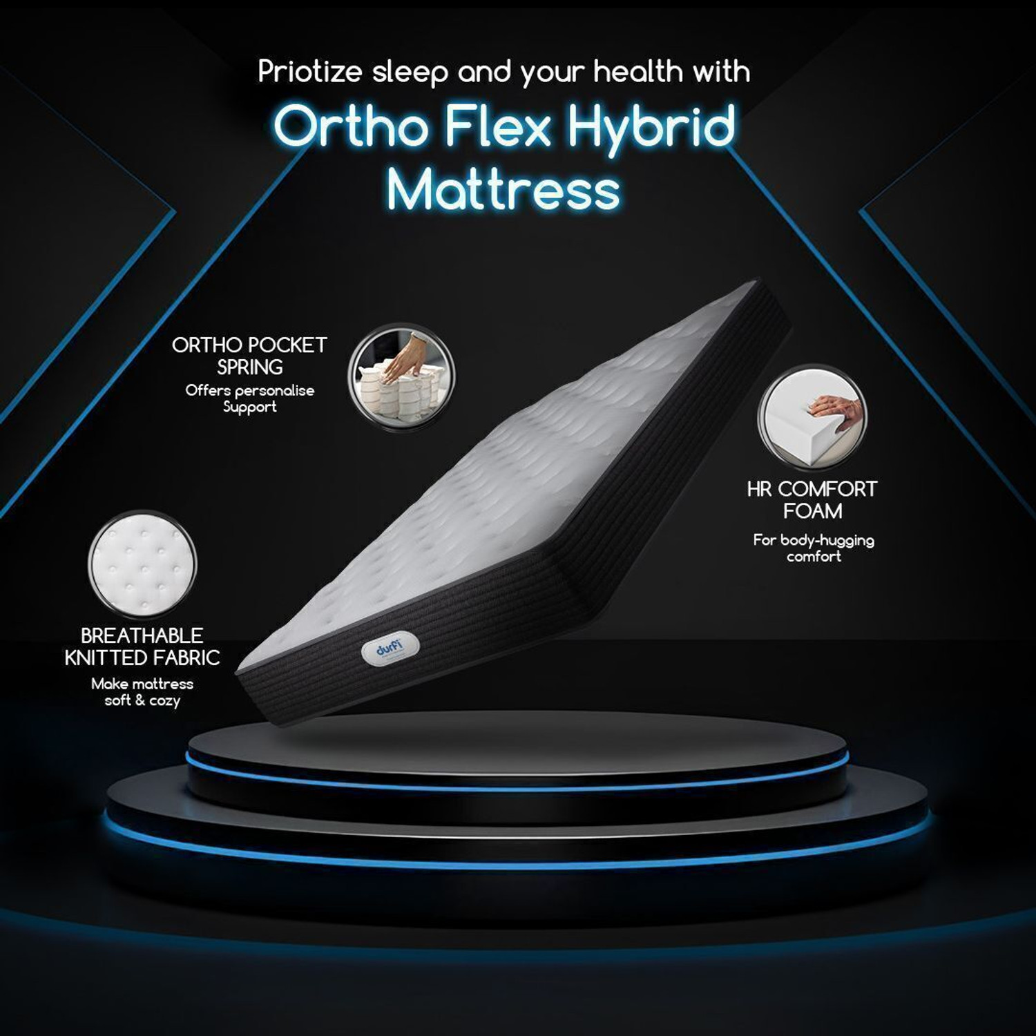 Image of Durfi Ortho Flex Hybrid 6 inch King Pocket Spring Mattress (L x W: 72 inch x 72 inch)