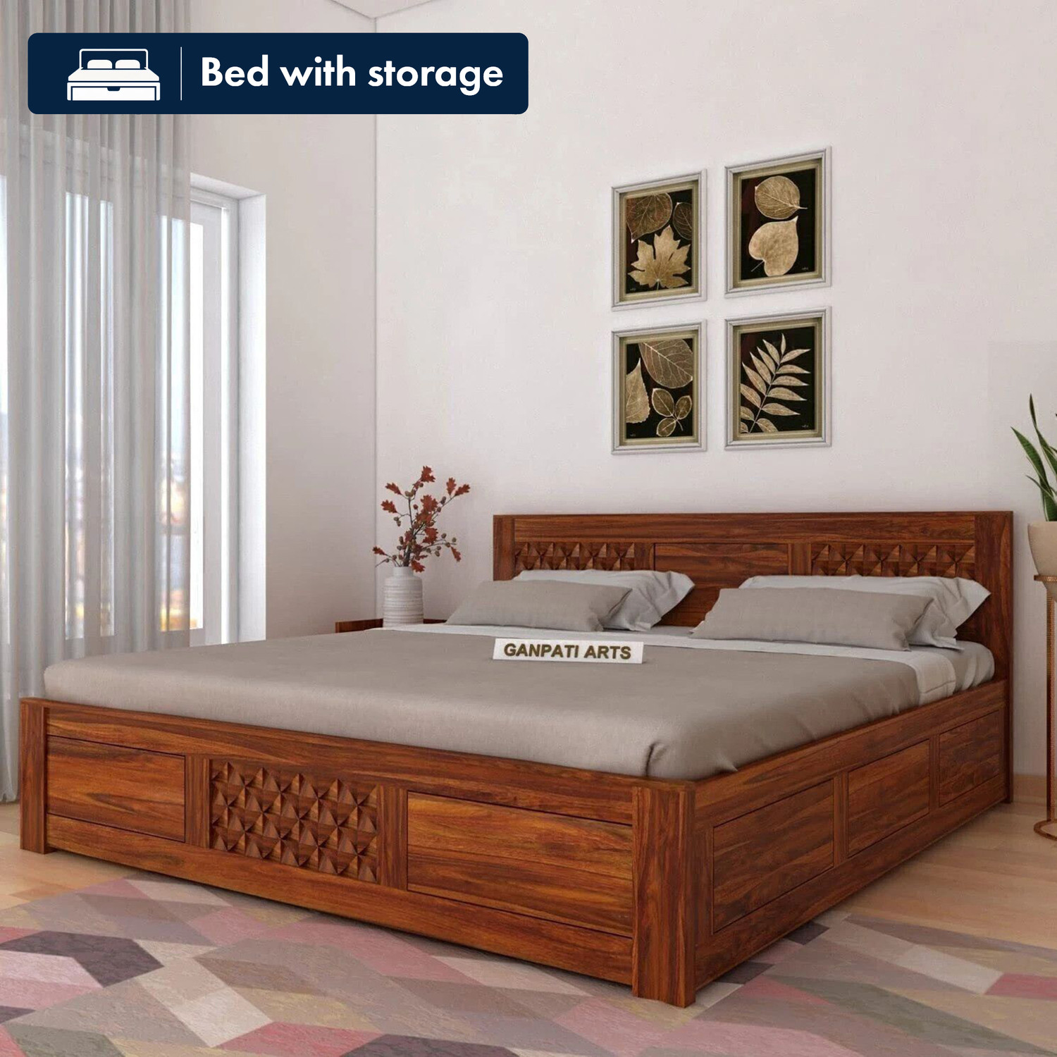 Image of Model art furniture Solid Wood King Box Bed, 198.12 cm x 182.88 cm (6.5 ft x 6.0 ft) (Finish Color - MELAMINE GLOSSARY, Delivery Condition - Pre-assembled)