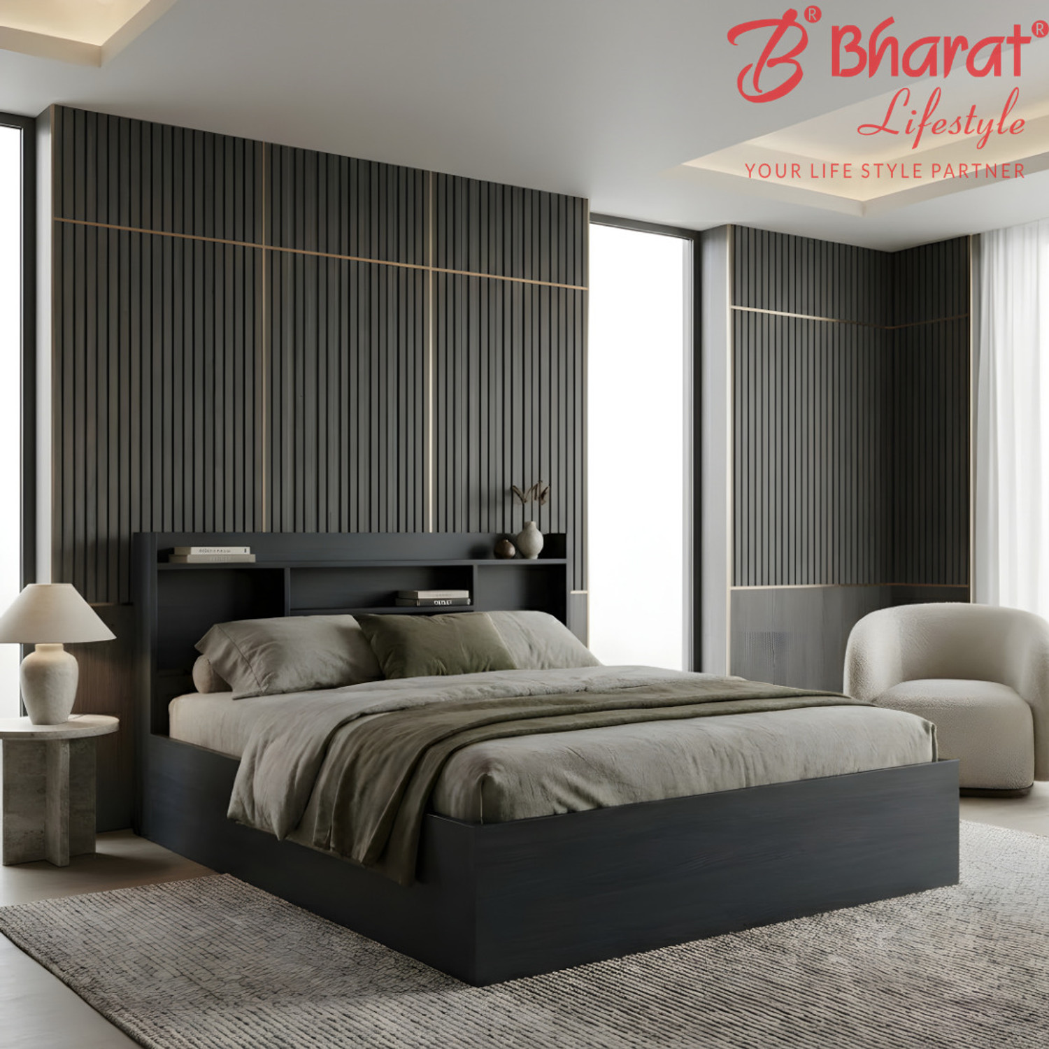 Image of Bharat Lifestyle Amsterdam Bed With Mattress Engineered Wood Queen Bed, 197 cm x 155 cm (6.46 ft x 5.09 ft) (Finish Color - Brown With Mattress, Delivery Condition - Knock Down)