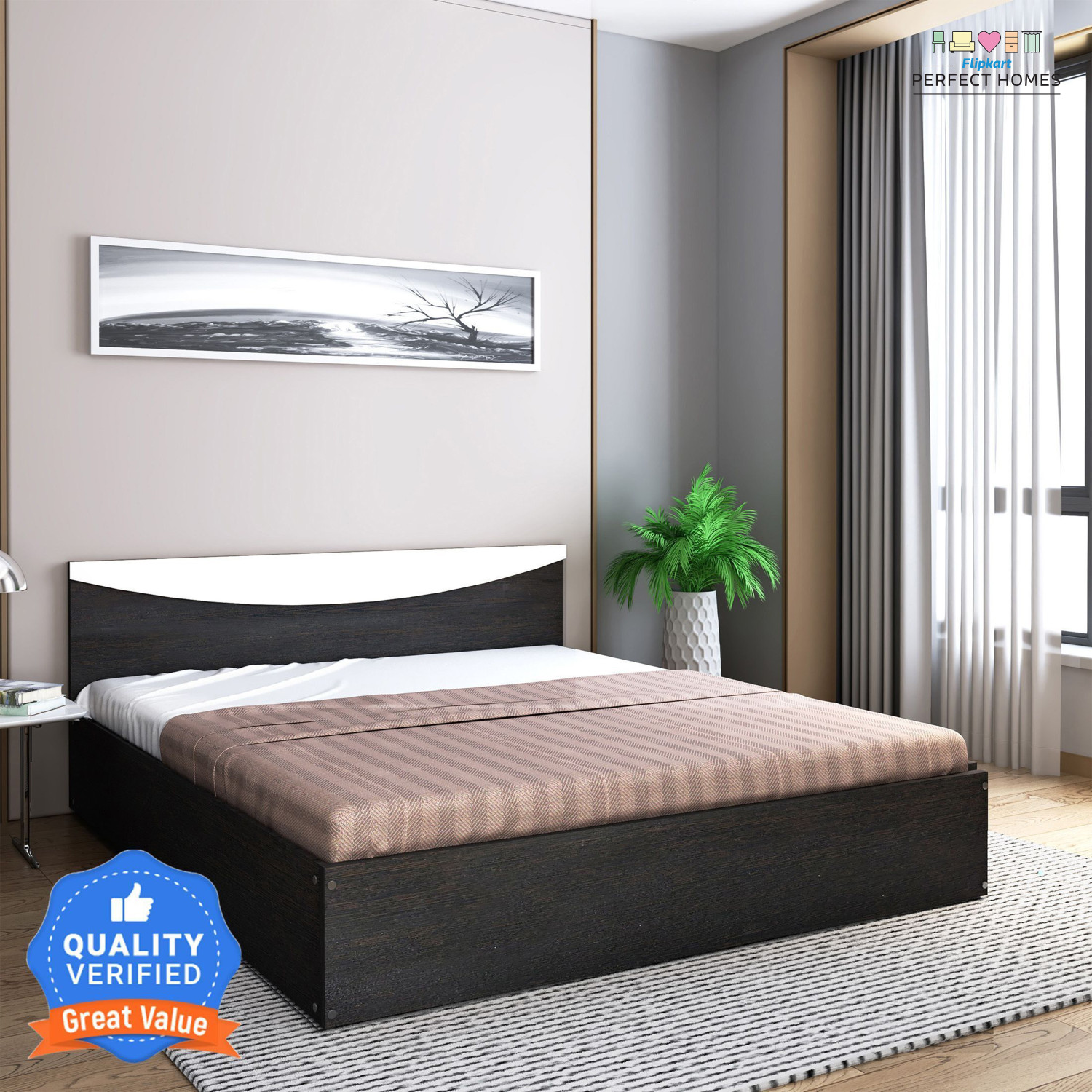 Image of Vibrant Interior ZOPYROSE Black Metal Queen Bed, 190.5 cm x 152.4 cm (6.25 ft x 5.0 ft) (Finish Color - BLACK, Delivery Condition - DIY(Do-It-Yourself))