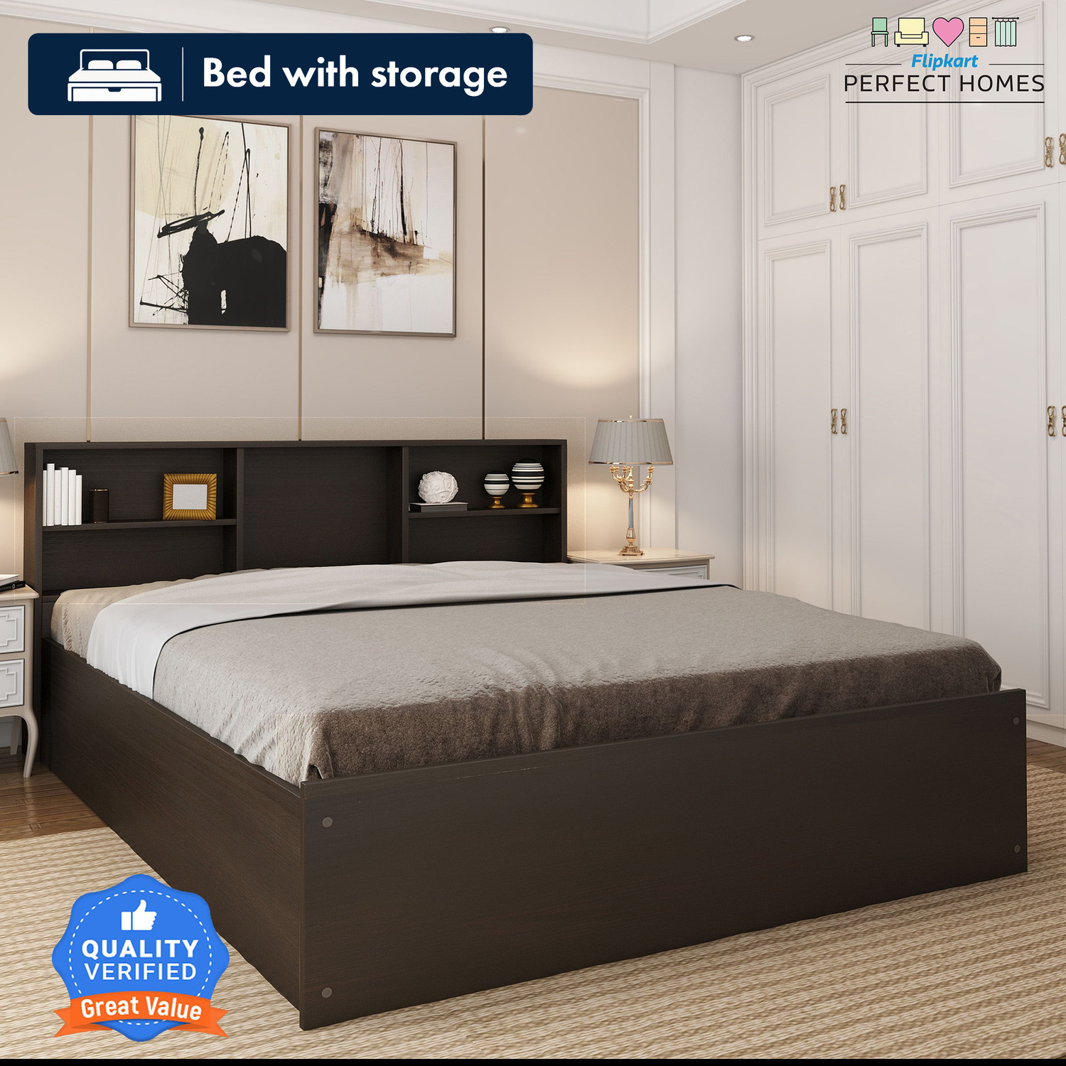 Image of Vibrant Interior ZOPYROSE Black Metal Queen Bed, 190.5 cm x 152.4 cm (6.25 ft x 5.0 ft) (Finish Color - BLACK, Delivery Condition - DIY(Do-It-Yourself))
