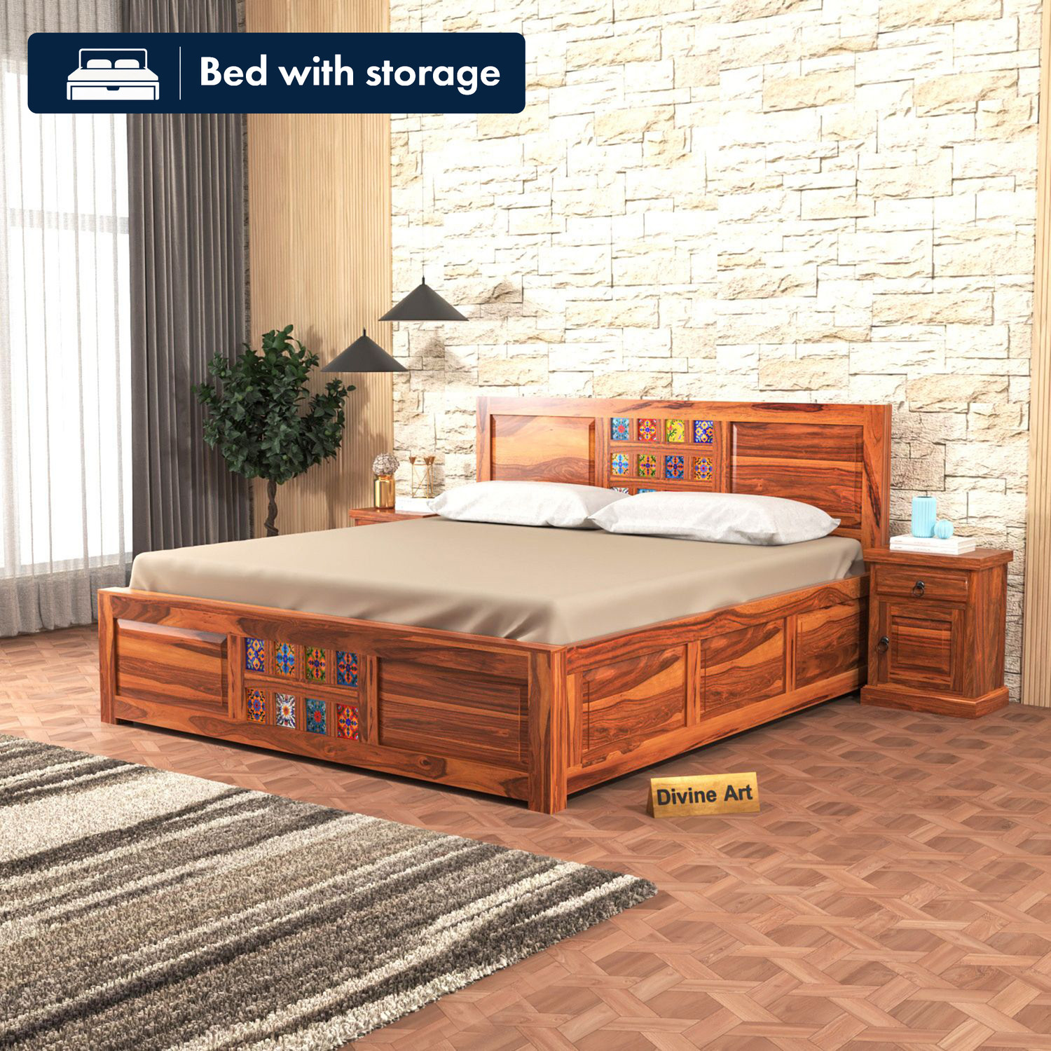 Image of GOYALINTERIOR Sheesham Wood King Bed /Wooden Bed /Palaung With Hydraulic Storage For Home Solid Wood King Hydraulic Bed, 205 cm x 190 cm (6.73 ft x 6.23 ft) (Finish Color - Honey HYD, Delivery Condition - DIY(Do-It-Yourself))