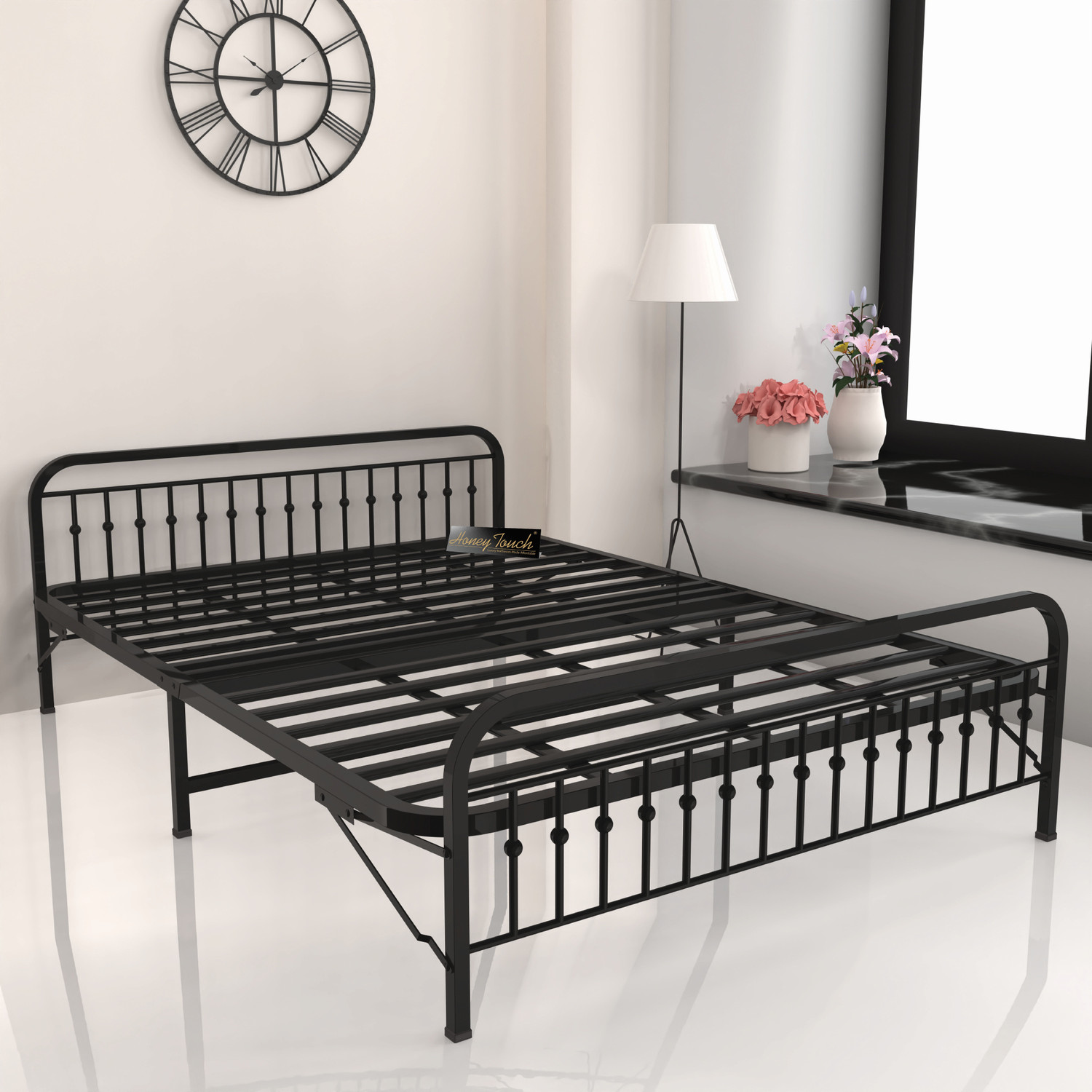 Image of Vibrant Interior ZOPYROSE Black Metal Queen Bed, 190.5 cm x 152.4 cm (6.25 ft x 5.0 ft) (Finish Color - BLACK, Delivery Condition - DIY(Do-It-Yourself))