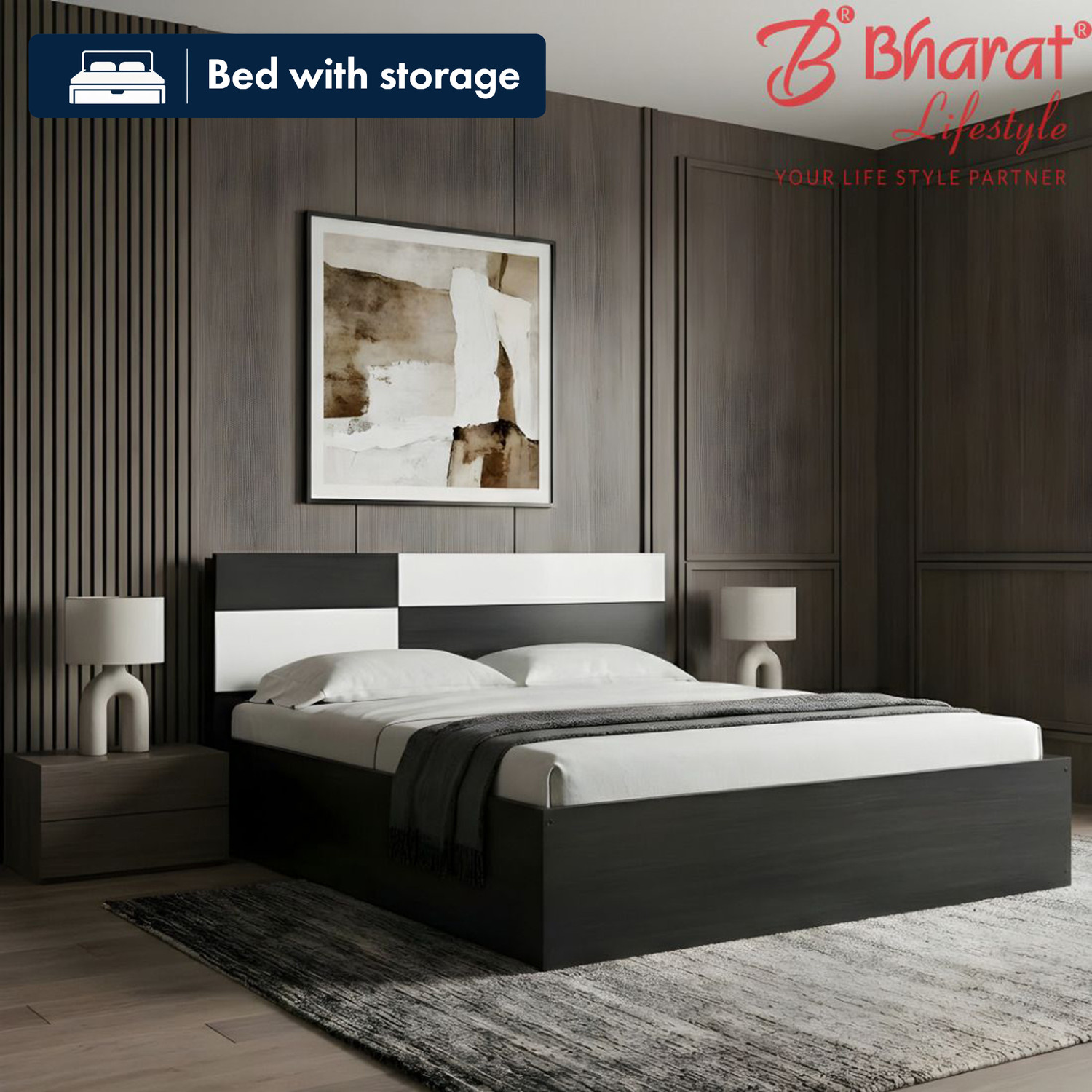 Image of Bharat Lifestyle Amsterdam Bed With Mattress Engineered Wood Queen Bed, 197 cm x 155 cm (6.46 ft x 5.09 ft) (Finish Color - Brown With Mattress, Delivery Condition - Knock Down)