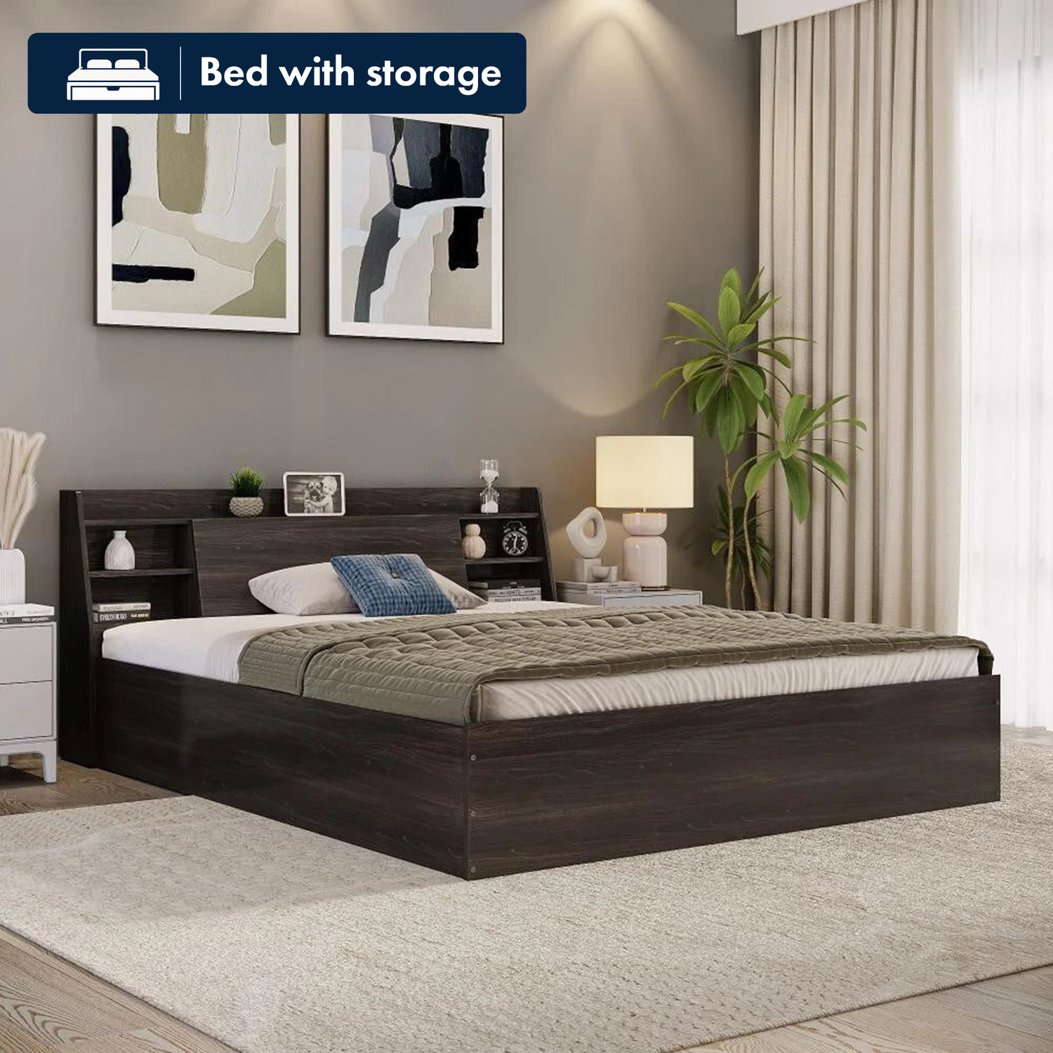 Image of Nilkamal Arthur Plus with Storage Engineered Wood King Box Bed, 211.5 cm x 188 cm (6.94 ft x 6.17 ft) (Finish Color - Legno Oak Dark, Delivery Condition - Knock Down)