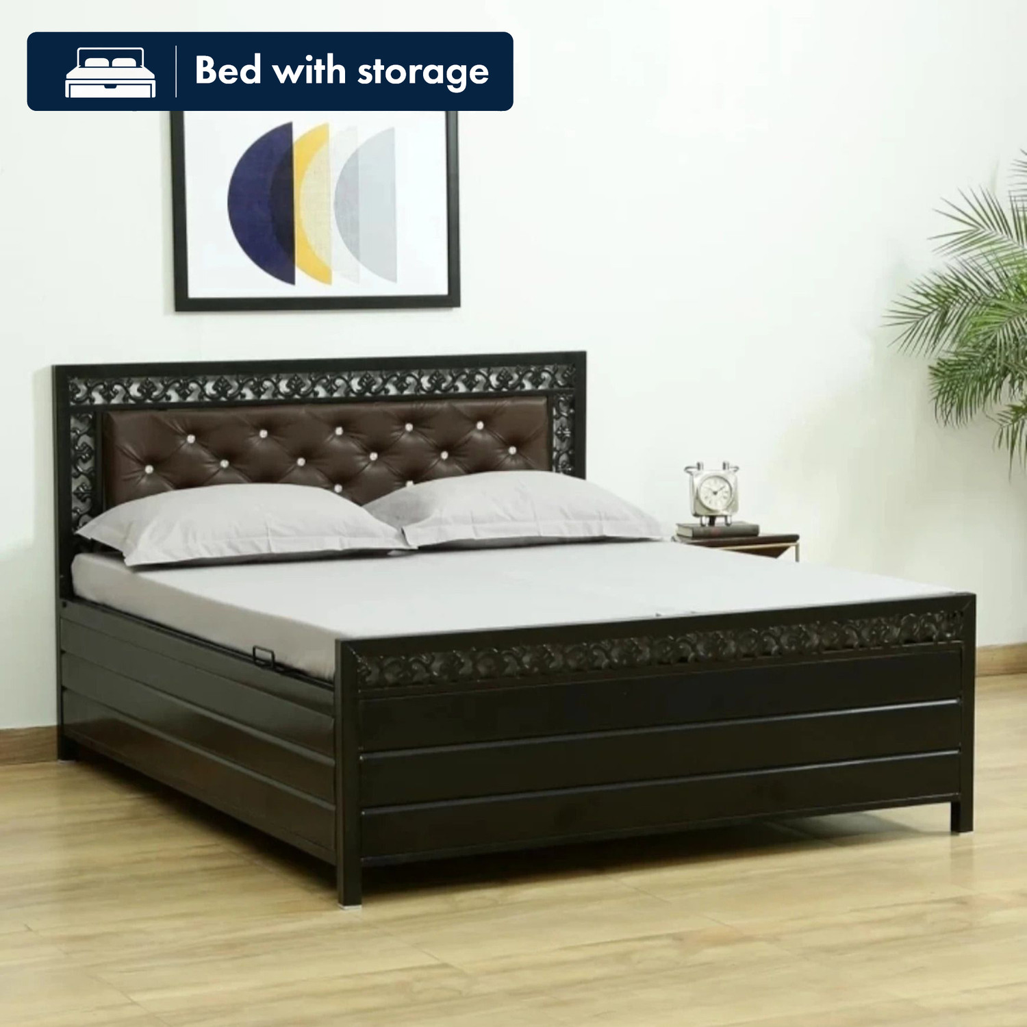 Image of DMKDecor Upholstered Bed with Box Storage Solid Wood Fabric Bed Solid Wood King Box Bed, 213 cm x 190 cm (6.99 ft x 6.23 ft) (Finish Color - Beige, Delivery Condition - DIY(Do-It-Yourself))